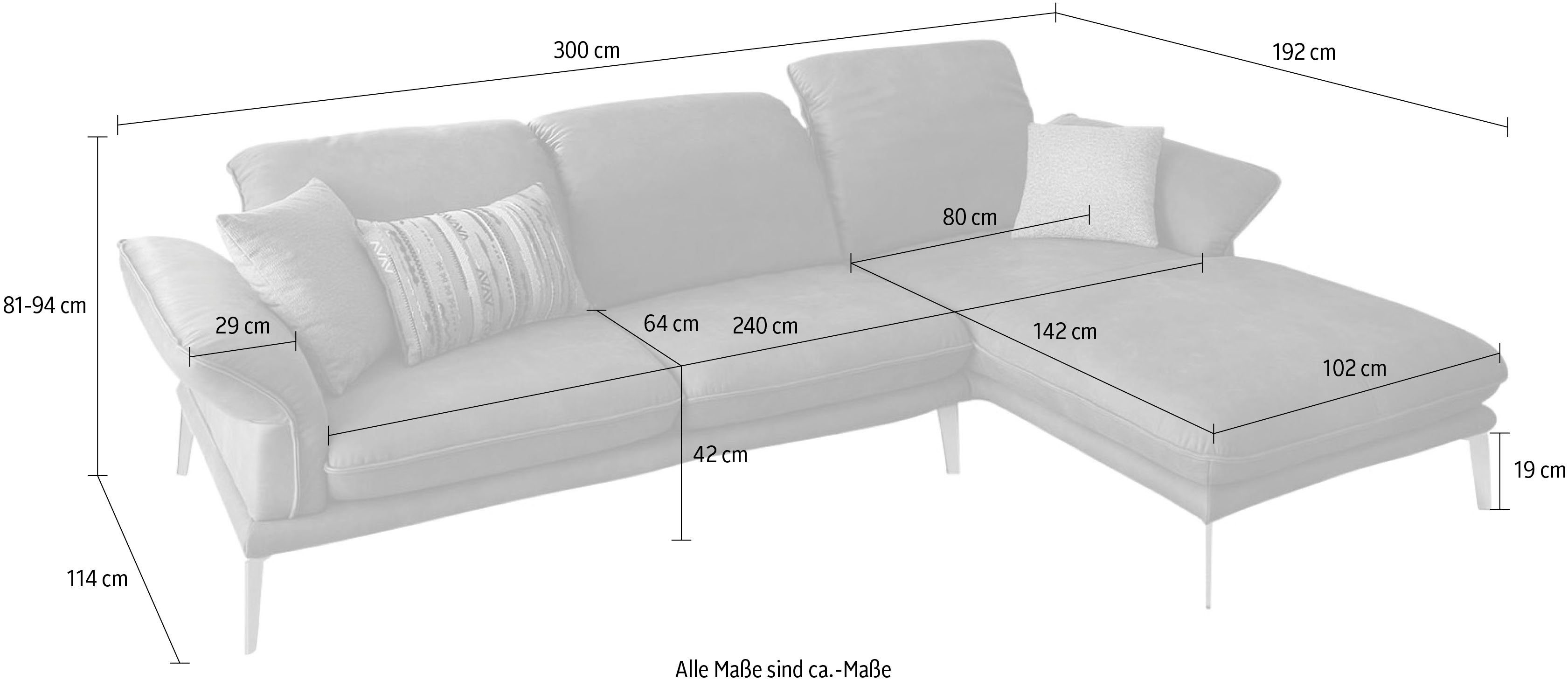 Kopfstützenverstellung, Ecksofa navy 300cm W.SCHILLIG Breite Winkelfüße mit Z78 sherry, in glänzend, Chrom