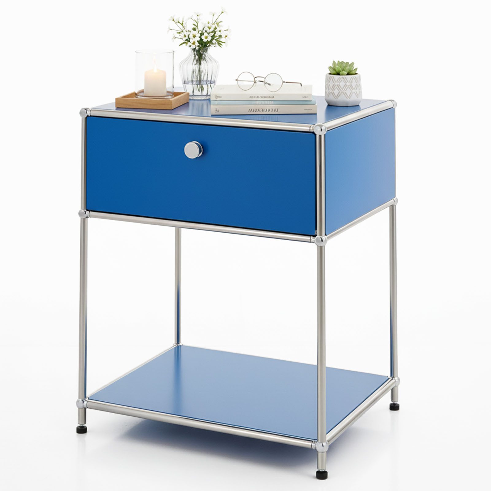 Floordirekt Beistelltisch Concept Epure MK-139, B50 × T40 × H65 cm, verschließbare Schublade (modular, kratzfeste Pulverbeschichtung), Beistellregal mit verchromtem Metallgestell, höhenverstellbare Füße