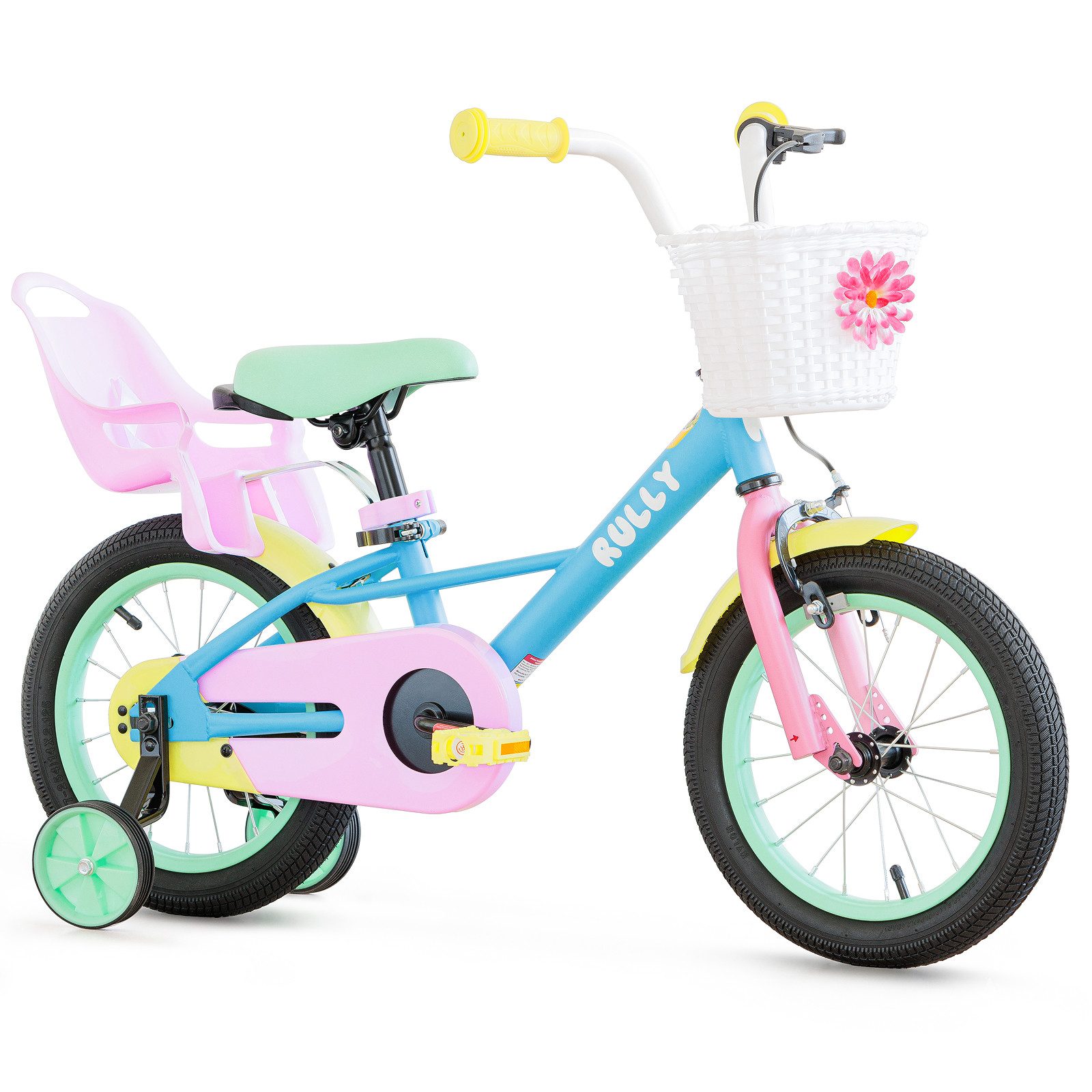 RULLY Kinderfahrrad Kinderfahrrad für Mädchen 12/14/16 Zoll, 2–7 Jahre, 1 Gang, Mit Korb, Puppensitz, Stützrädern, Schutzblech & Klingel