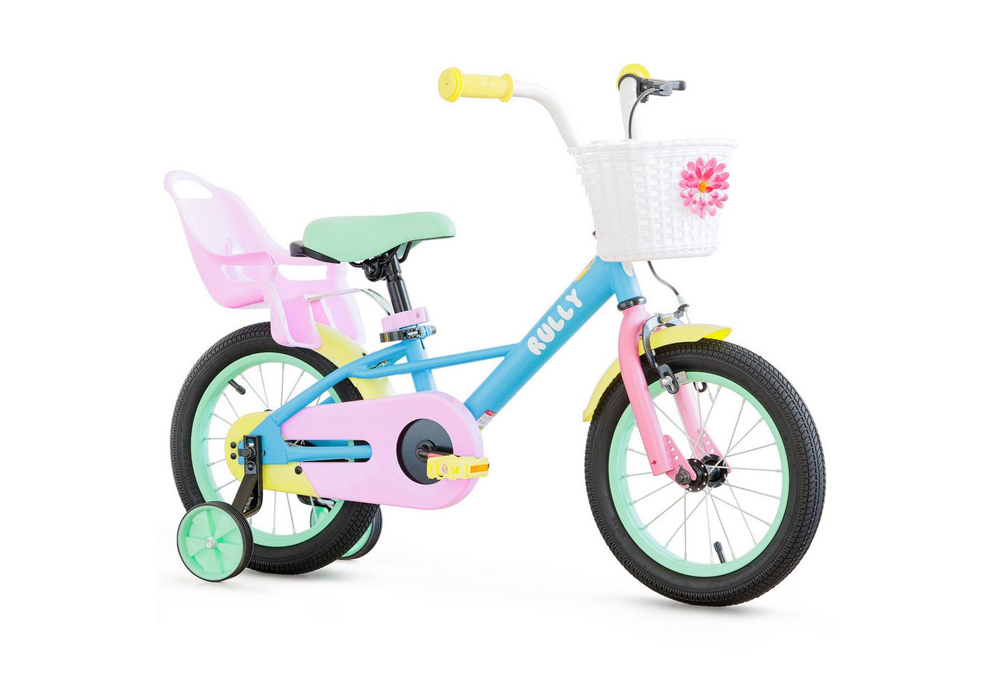 RULLY Kinderfahrrad Kinderfahrrad für Mädchen 12/14/16 Zoll, 2–7 Jahre, 1 Gang, Mit Korb, Puppensitz, Stützrädern, Schutzblech & Klingel