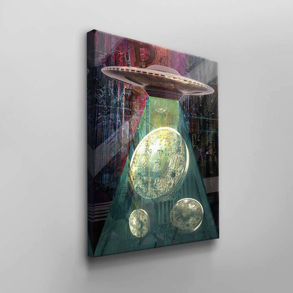 Schiff DOTCOMCANVAS® Business Rahmen Wandbild Bitcoin Aliens, Leinwandbild weißer Gold Geld Alien Bitcoin Kryptowährung Rosa