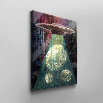 DOTCOMCANVAS® Leinwandbild Bitcoin Aliens, Wandbild Business Bitcoin Kryptowährung Geld Alien Schiff Gold Rosa