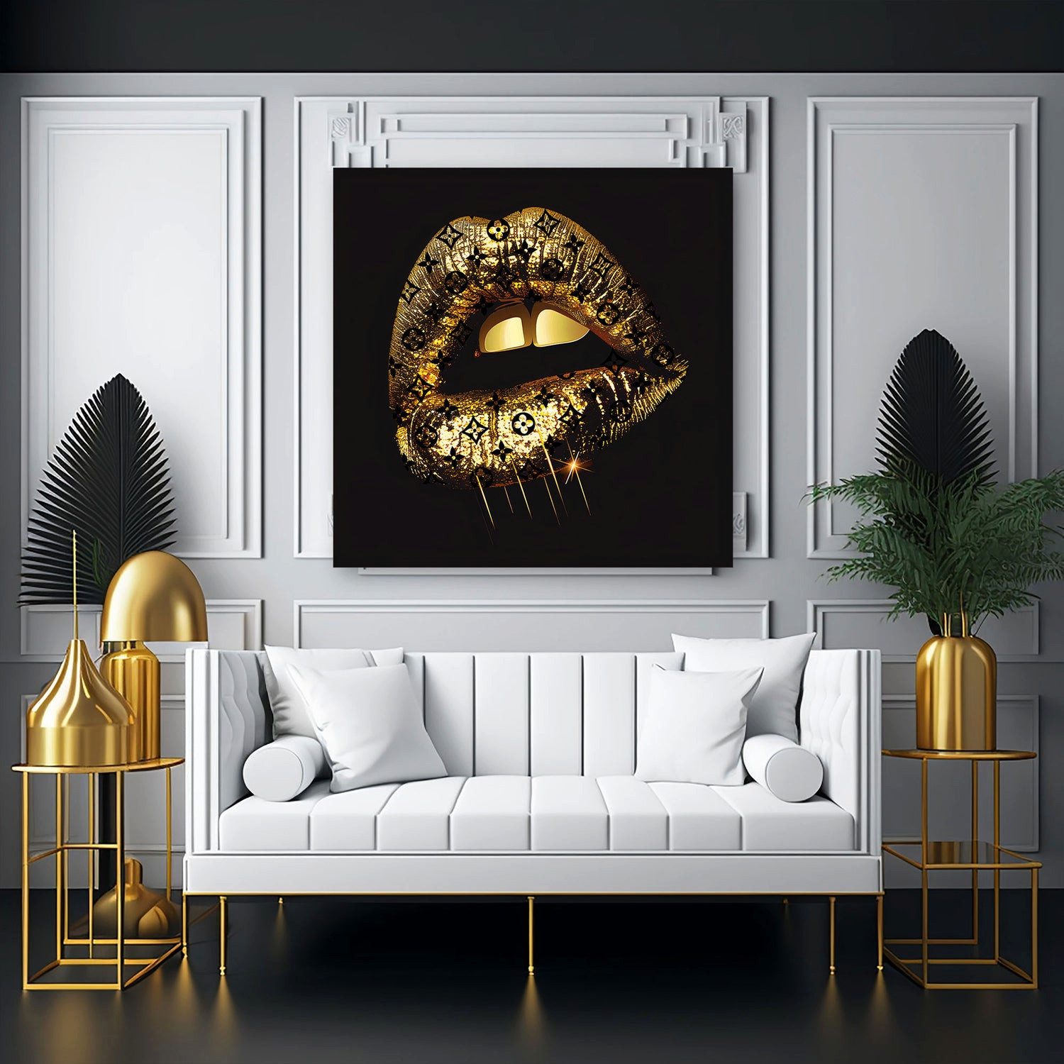 Artedinoi Leinwandbild Glamour Lippen Goldoptik Luxus und Eleganz Leinwandbild Wandbild Wandd, Glamour-Lippen in Gold