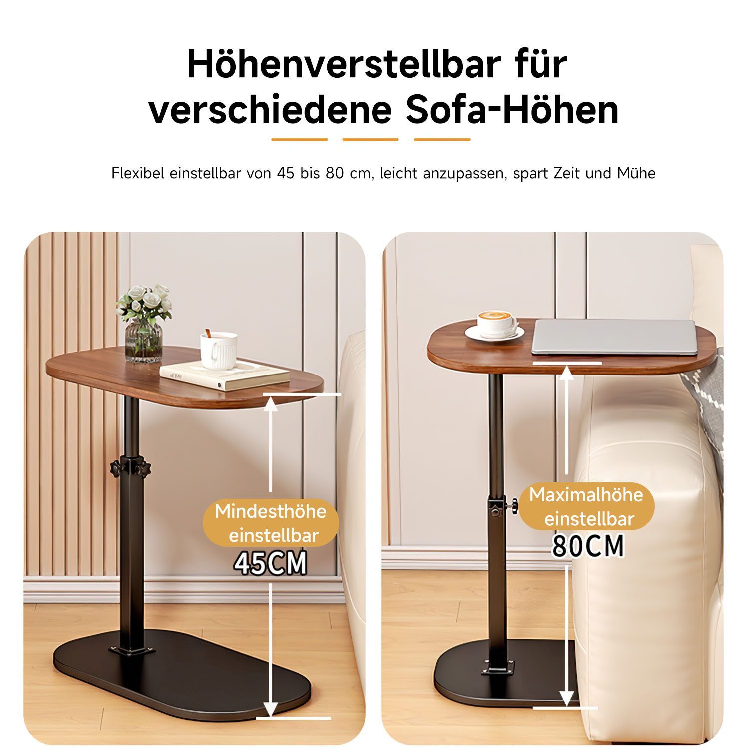 SURFOU Beistelltisch Sofa Klein Beistelltisch für Couch Sofatisch Couchtisch, Höhenverstellba Sofa Table Nachttisch Betttisch Laptoptisch C Form