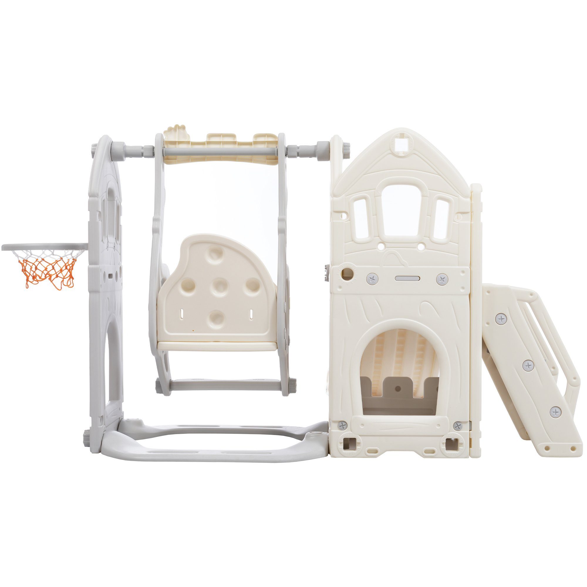 Stauraum Kinderrutsche Schaukel, mit Basketballständer Indoor-Rutsche Antikgrau 5-in-1-Set und Fangqi