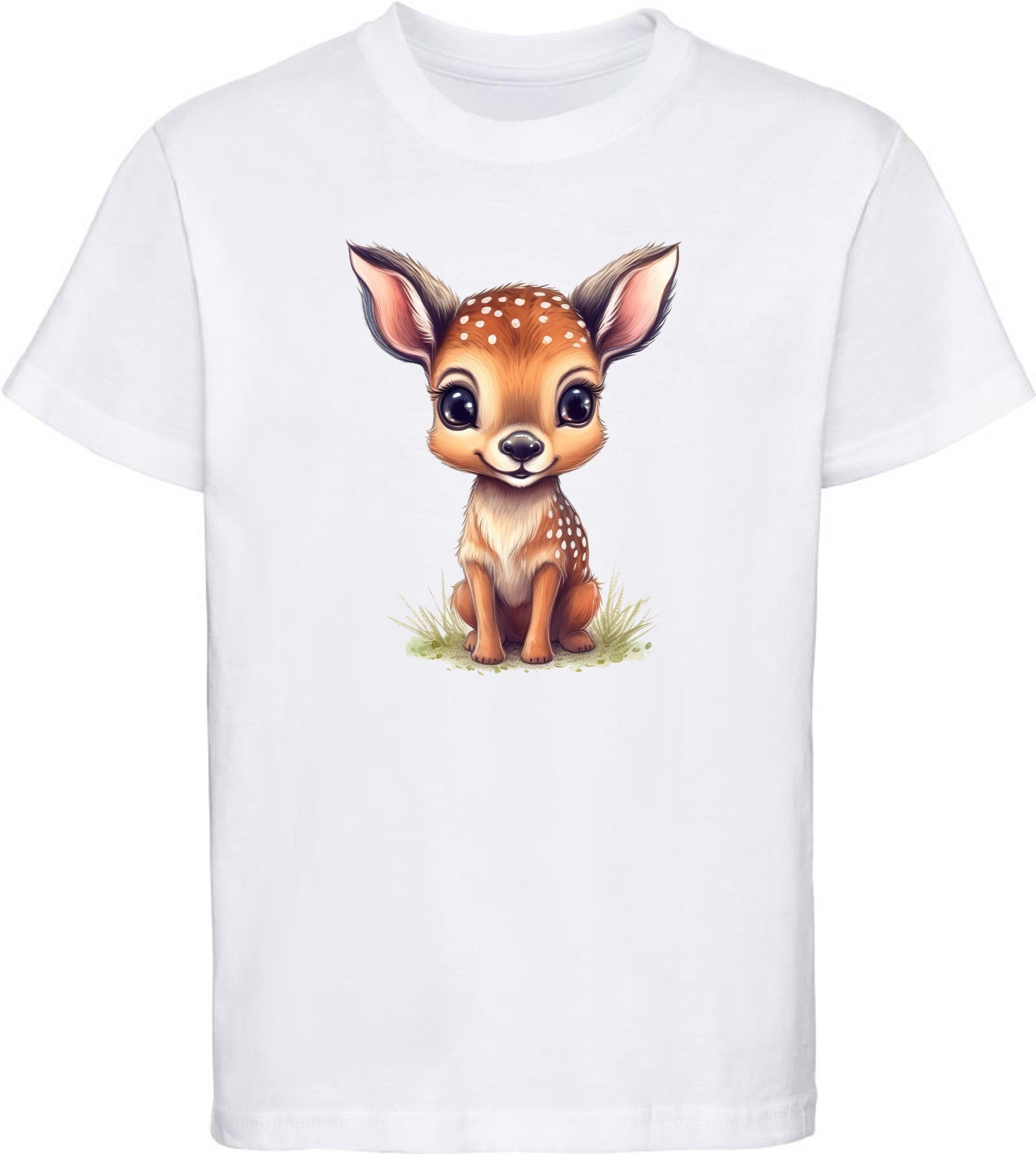 MyDesign24 T-Shirt Kinder Wildtier Print Shirt bedruckt - Baby Reh Rehkitz Baumwollshirt mit Aufdruck, i269 weiss
