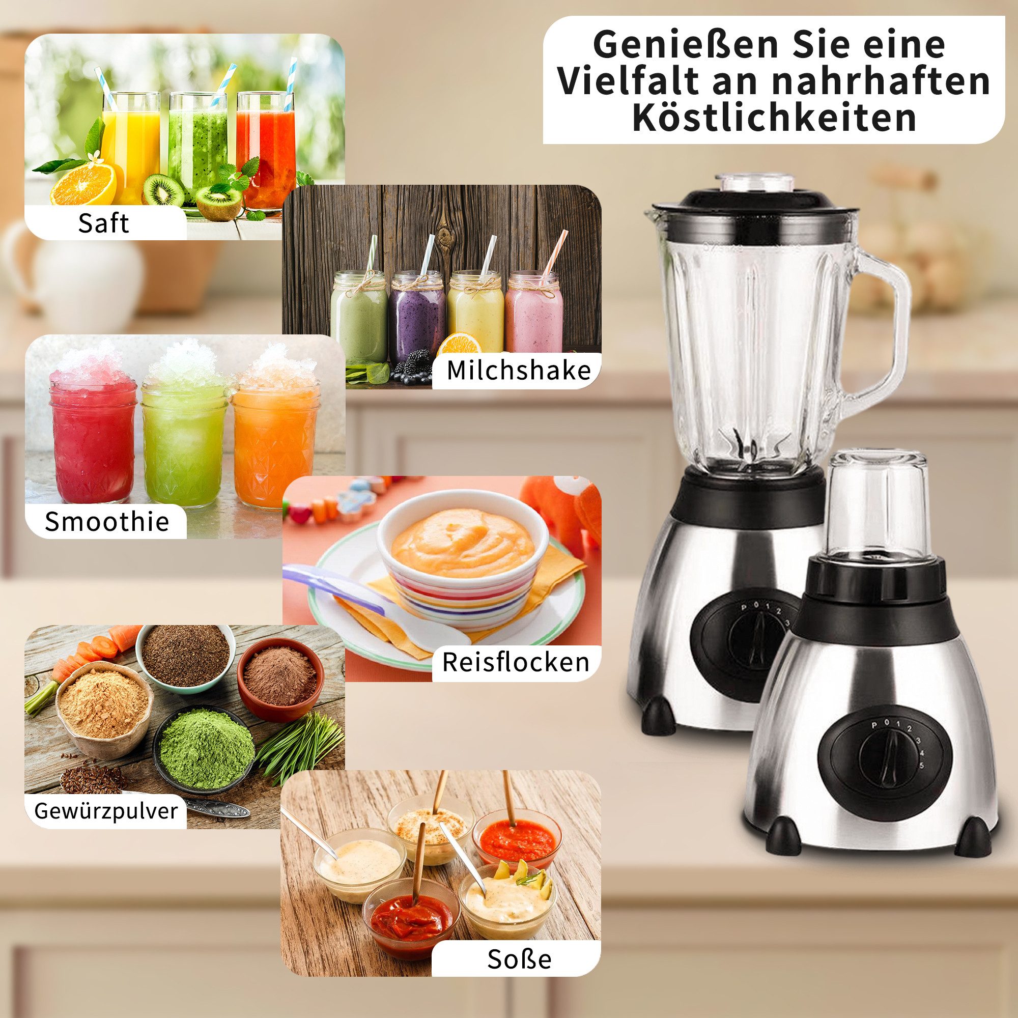Fyrove Standmixer 2026 Neu Standmixer,Mixer VitaBoost,Edelstahl Silber Glas Smoothie, 1500 W, Maker,Milchshaker Blender 1,5 L,Eiscrusher,6-Klingen für Ice Püree