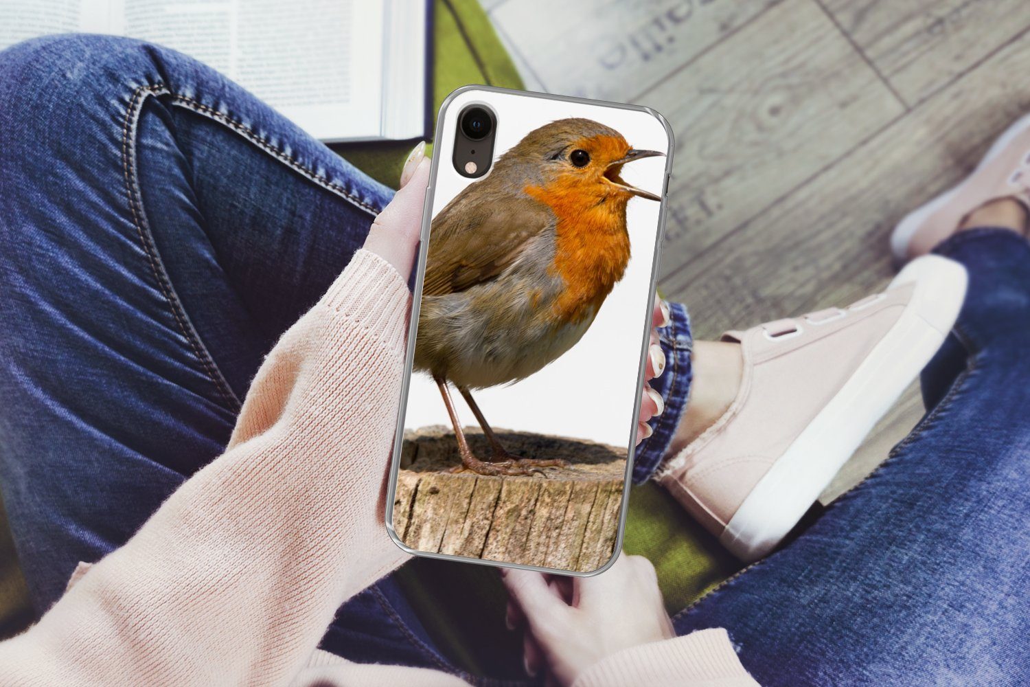 MuchoWow Handyhülle für Apple iPhone XR Rotkehlchen - Vogel - Holz, Smartphone-Bumper, Print, Handy Schutzhülle Dünn