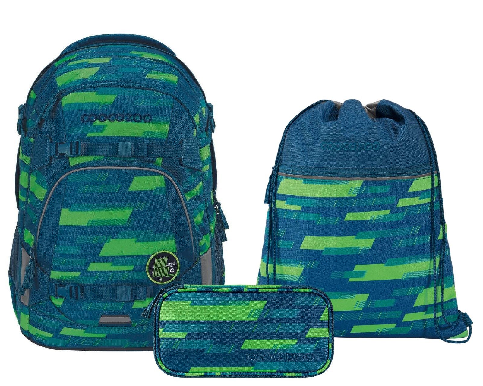 coocazoo Schulranzen Schulrucksack-Set MATE Lime Stripe 3-teilig (3-teilig), ab 5. Klasse, ergonomisch, reflektiert