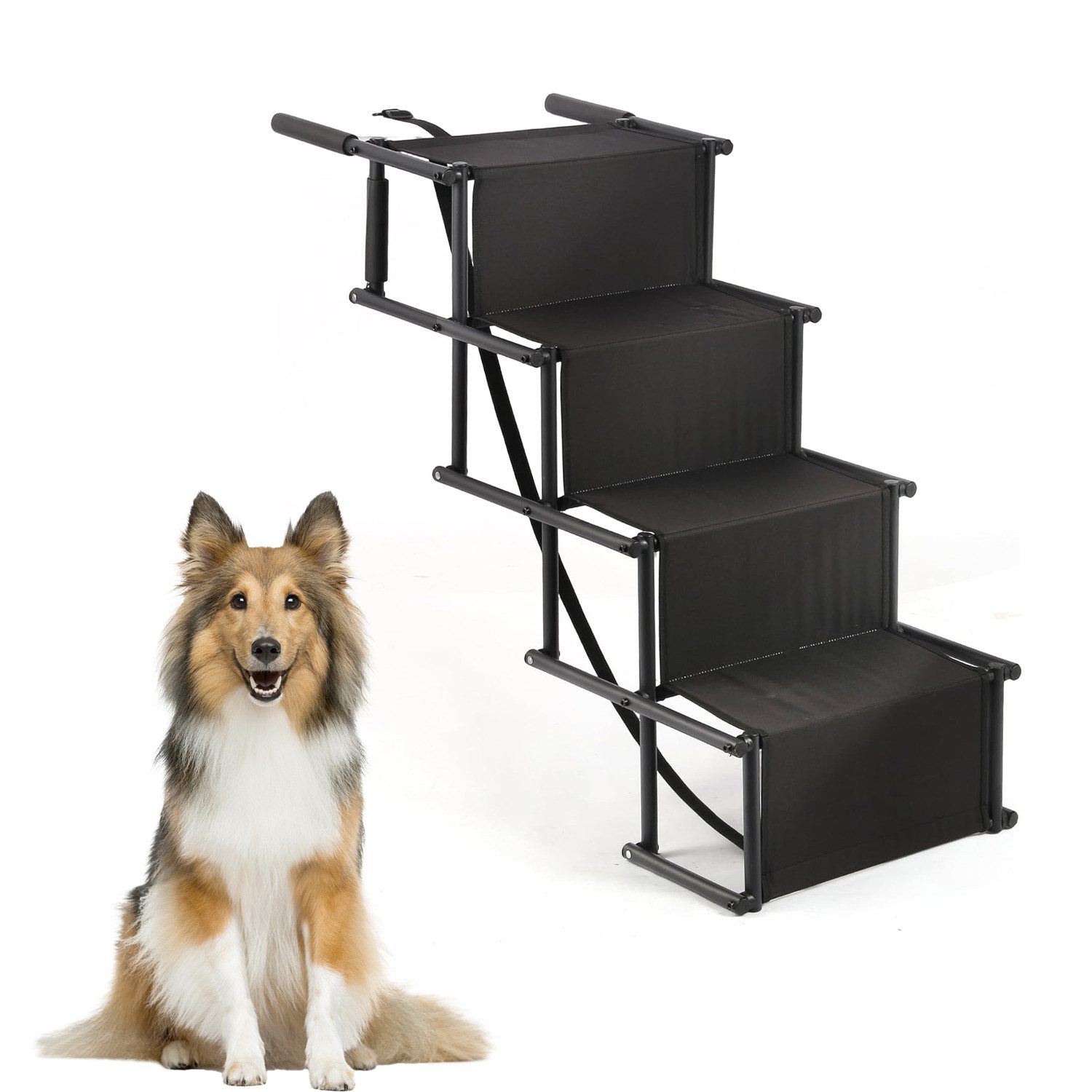 OSTWOLKE Hunderampe Hundetreppe Tiertreppe Auto klappbar 4 Stufen bis 70kg, Geeignet für Autos, Sofas und Betten, Gelenkschonende