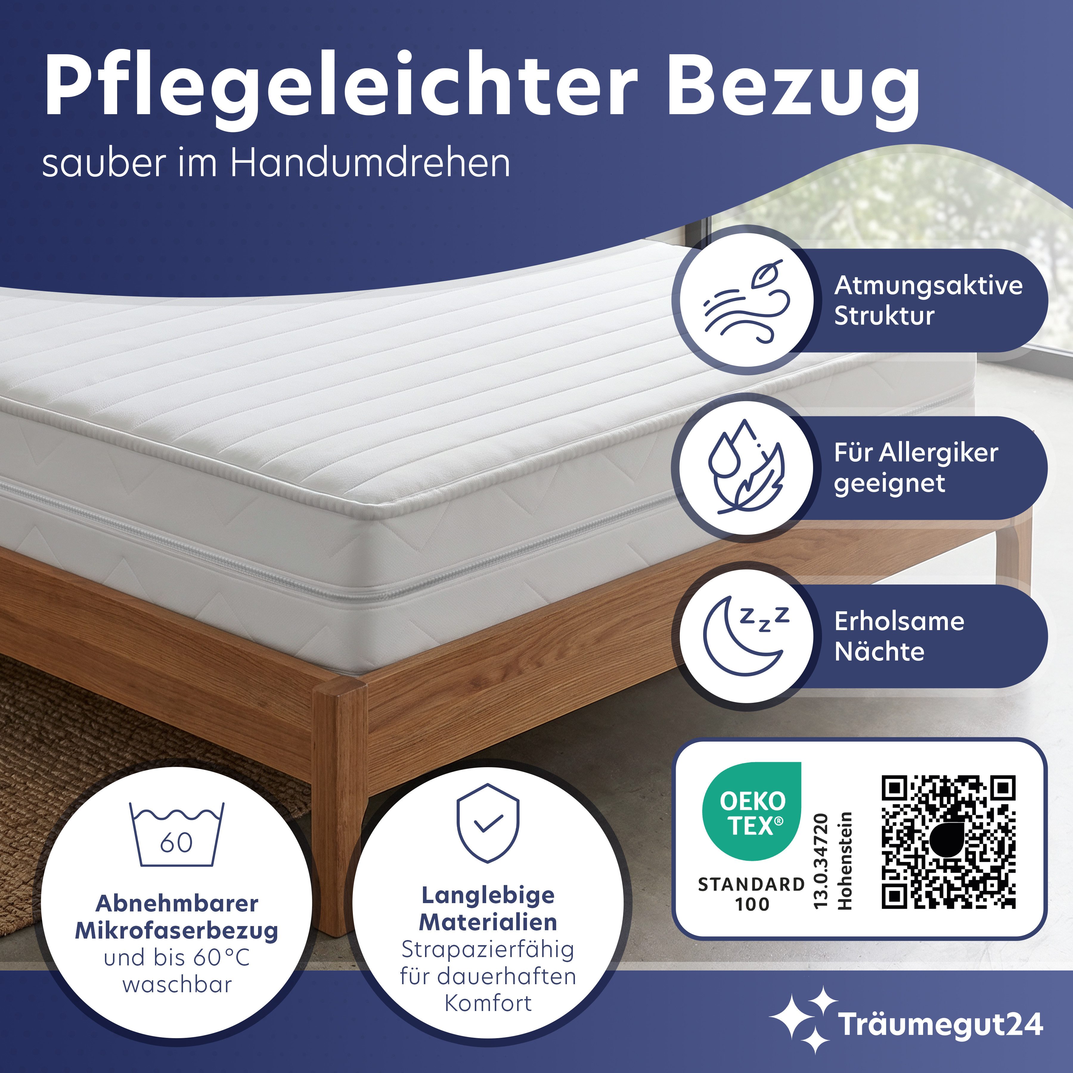 Kaltschaummatratze 7-Zonen mit zwei Liegeseiten - 90x200 120x200 140x200 160x200 180x200, Träumegut24, verschiedene Größen, Höhen und Härtegrade