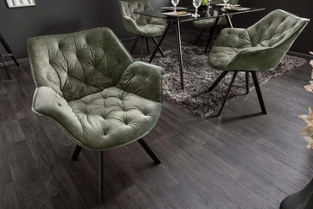 riess-ambiente Polsterstuhl THE DUTCH COMFORT dunkelgrün – Samt, mit Armlehnen, Metall-Beine (Einzelartikel, 1 St), 180° drehbar mit Auto-Return-Funktion – ideal für Esszimmer oder Büro