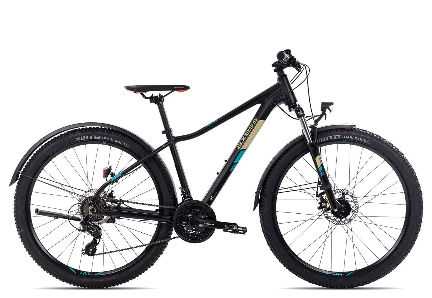 Axess Mountainbike MEEA 2022, 21 Gang Shimano Tourney RD-TX800-7 Schaltwerk, Kettenschaltung, MTB-Hardtail schwarz/grau black matt/beige/turquoise