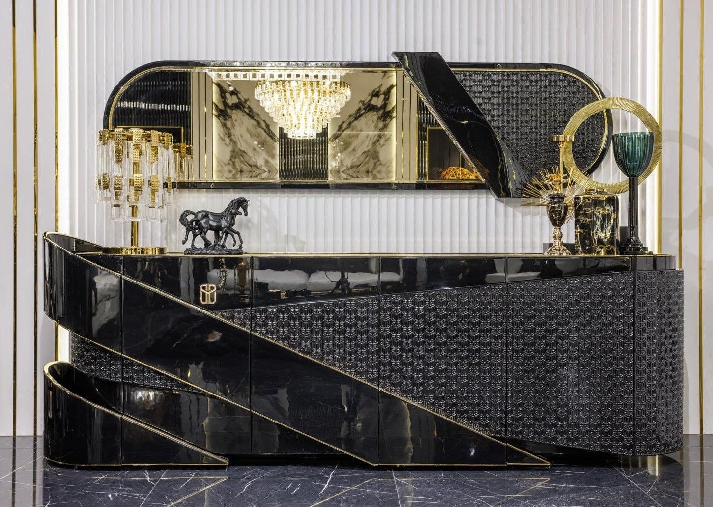 Xlmoebel Sideboard Elegantes Schwarzes Designer-Sideboard mit Spiegel und Holzdetail (2 St), Made in Europa