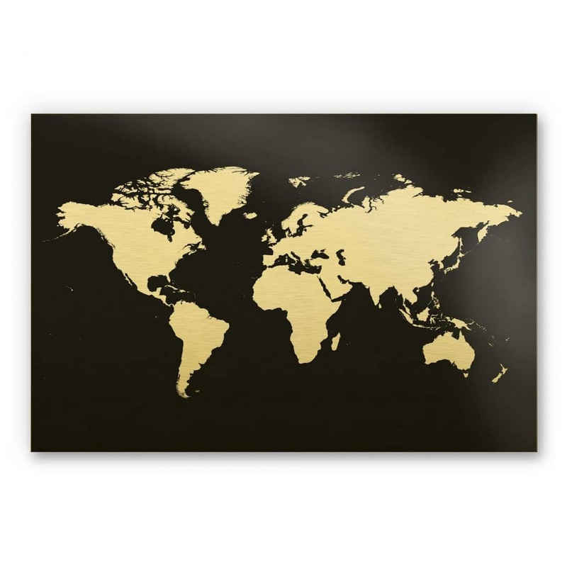 K&L Wall Art Gemälde Alu-Dibond Weltkarte Schwarz Gold Wanddeko Landkarte Steampunk Industrial Deko, Wandbild Atlas