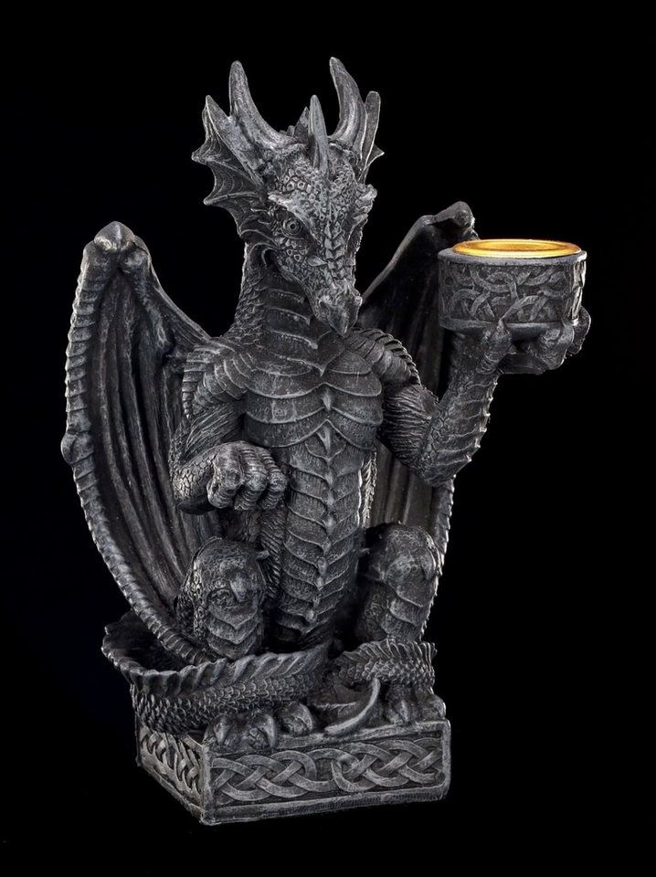 Figuren Shop GmbH Kerzenhalter Drache hält Kerze - Kerzenhalter Gothic  Dekoration