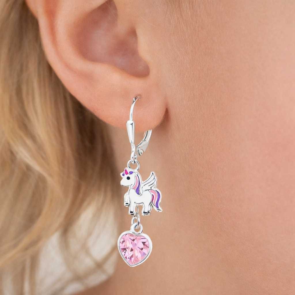 Goldene Hufeisen Paar Ohrhänger Einhorn Pferd mit Rosa Herz Zirkonia Klappbrisuren aus 925 Silber (1 Paar, inkl. Etui), Hypoallergen und hautfreundlich