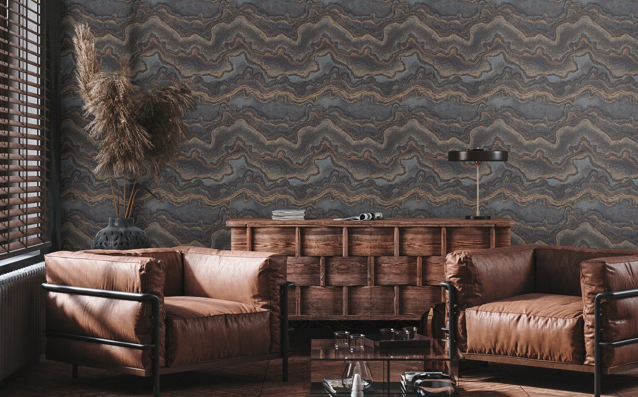living walls Vliestapete Stories of Life Tapete in Malachit Steinoptik Schwarz Gold, geprägt, glänzend, abstrakt, organisch, (1 St), Metallic Design Vliestapete für Wohnzimmer Tapeten Wohnzimmer modern