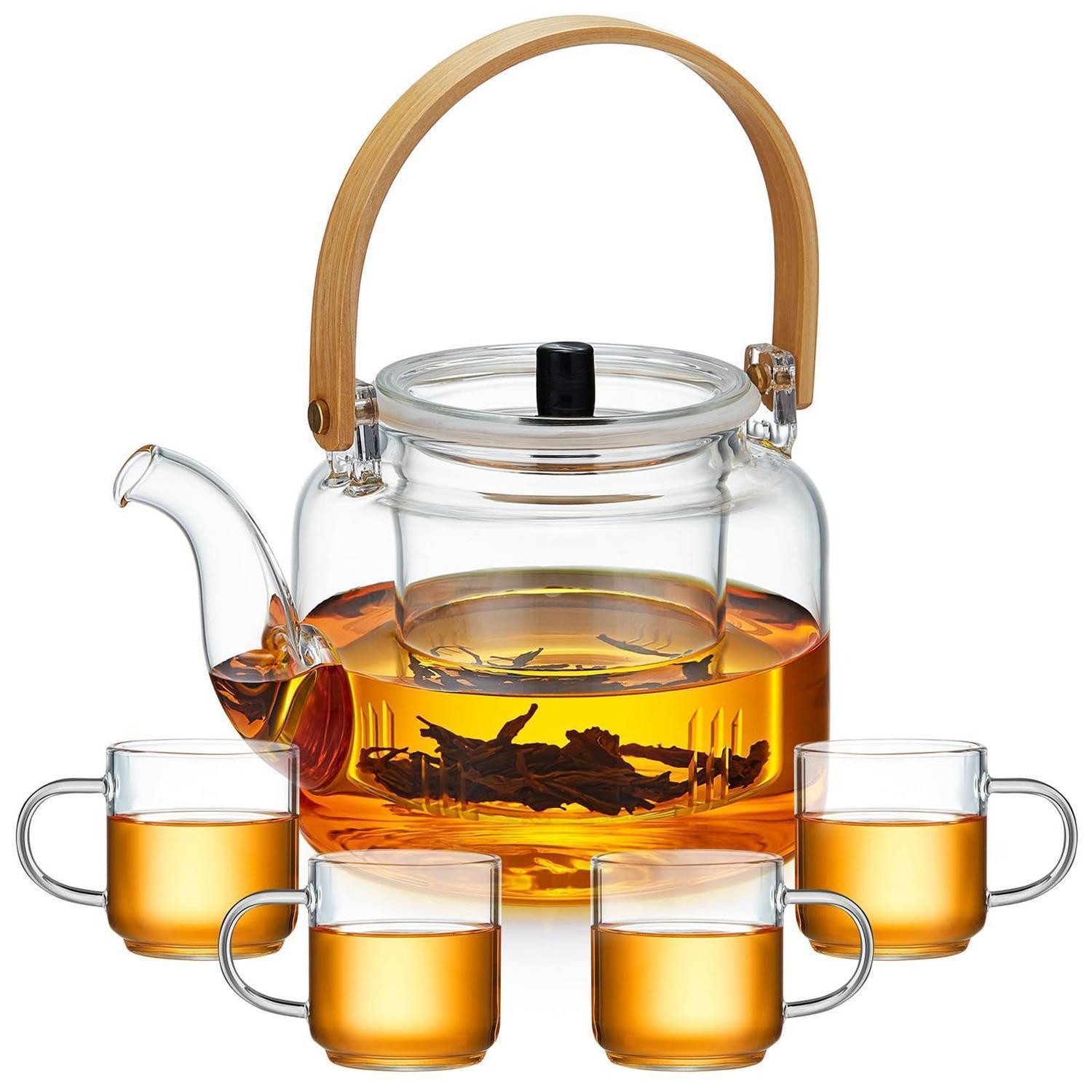 LuxusKollektion Teeservice Teekanne 1100ml mit Siebeinsatz & 4 Tassen, Glas