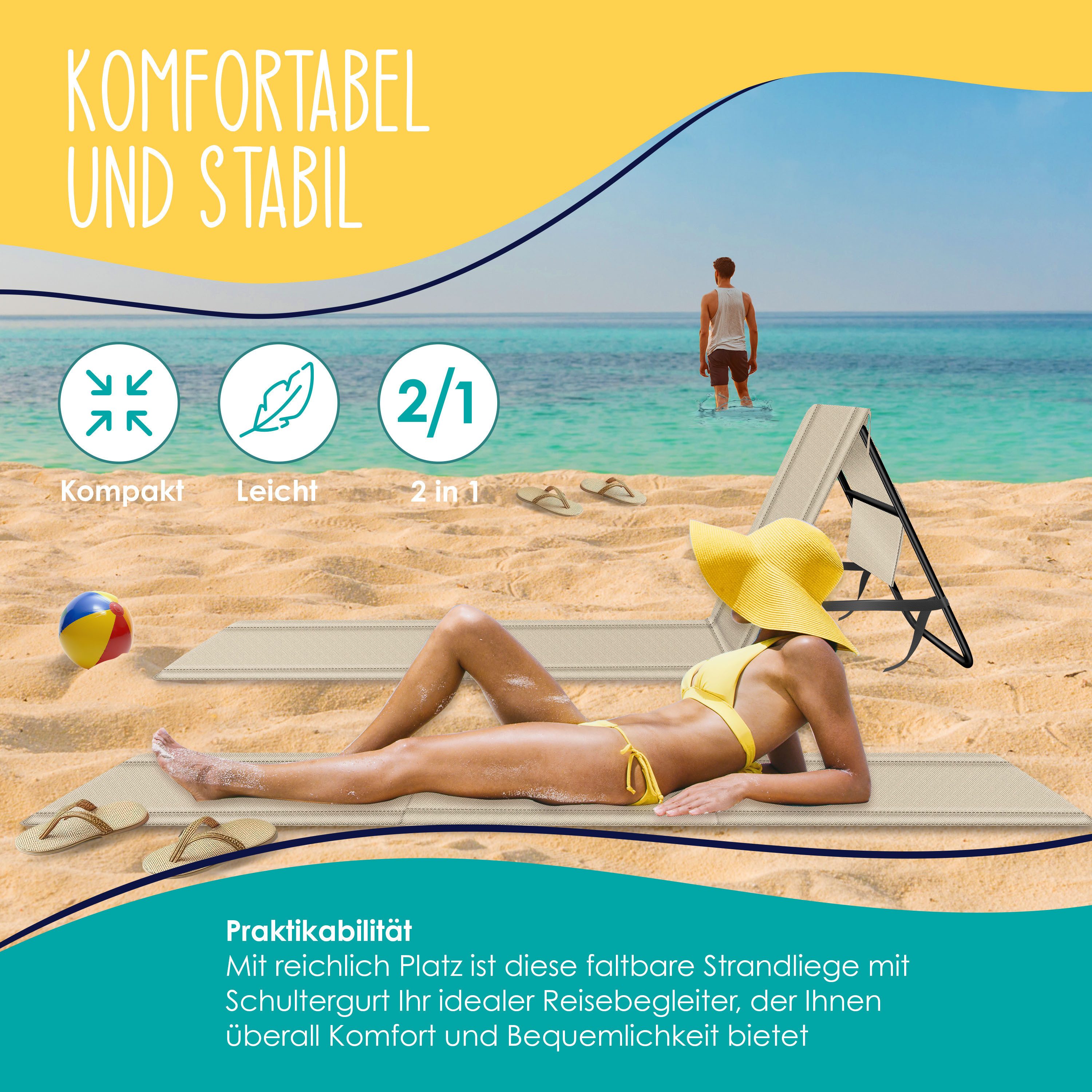KESSER Gartenliege Strandmatte klappbar mit verstellbarer Rückenlehne max. 130 kg, 1 St., Strandliege mit Tragegurt, wasserdichter Handyhülle & Tragetasche, Sonnenliege faltbar für Strand, Garten & Terrasse Liegematte