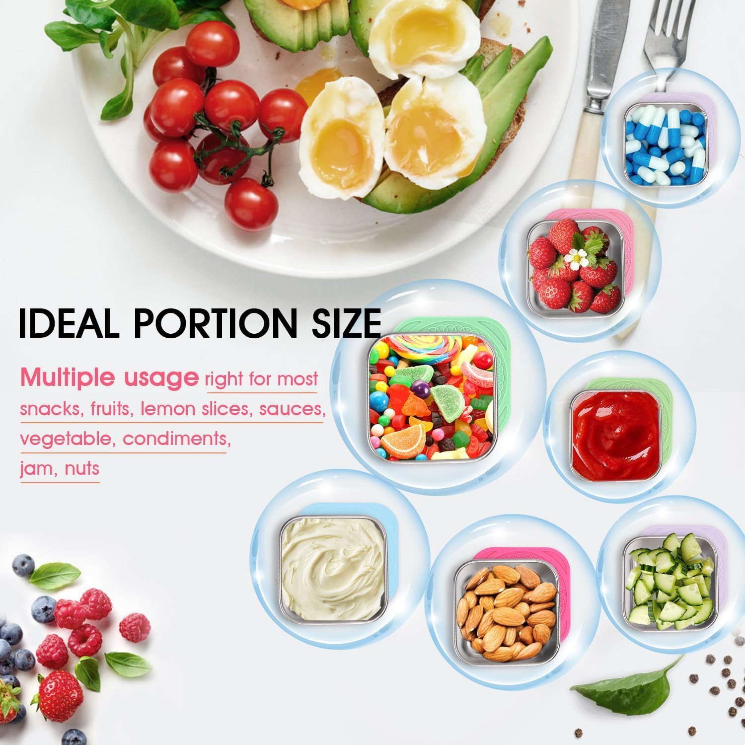 Refined Living Vorratsdose 5er Set Edelstahl Snack-Container 180 ml, mit Silikondeckel,BPA-frei, Edelstahl 304 + Silikondeckel, (Auslaufsicher Snack Container, Lunchbox Edelstahl klein, Dips Box Edelstahl mit Silikondeckel, Stapelbare Lebensmittel-Box klein, Wiederverwendbare, Auslaufsicher, stapelbar, 5-tlg., Perfekt für Obst, Nüsse, Dips, Soßen, Gemüse, Joghurt, Dressings), für Büro, Arbeit, Schule, Reisen oder Picknicks
