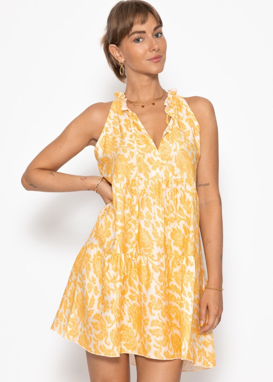SASSYCLASSY Minikleid Sommerkleid mit Blumenprint für Damen Ärmelloses Kleid aus Viskose mit Rüschendetails Gelb