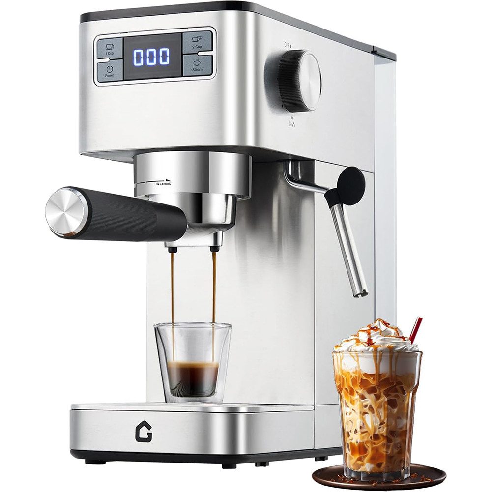 GarveeMore Espressomaschine CM5432E-GS, 1.25l Kaffeekanne, 20 Bar Siebträger Mit Milchaufschäumer,Thermoblock,Entkalkungsanzeige
