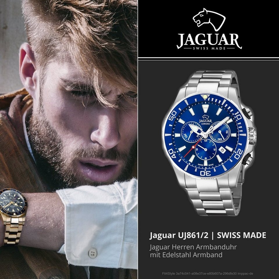 JAGUAR Chronograph Jaguar Edelstahl Herren Uhr J861/2 Sport, Herrenuhr mit  Edelstahlarmband, rundes Gehäuse, groß (ca. 44mm), Sport