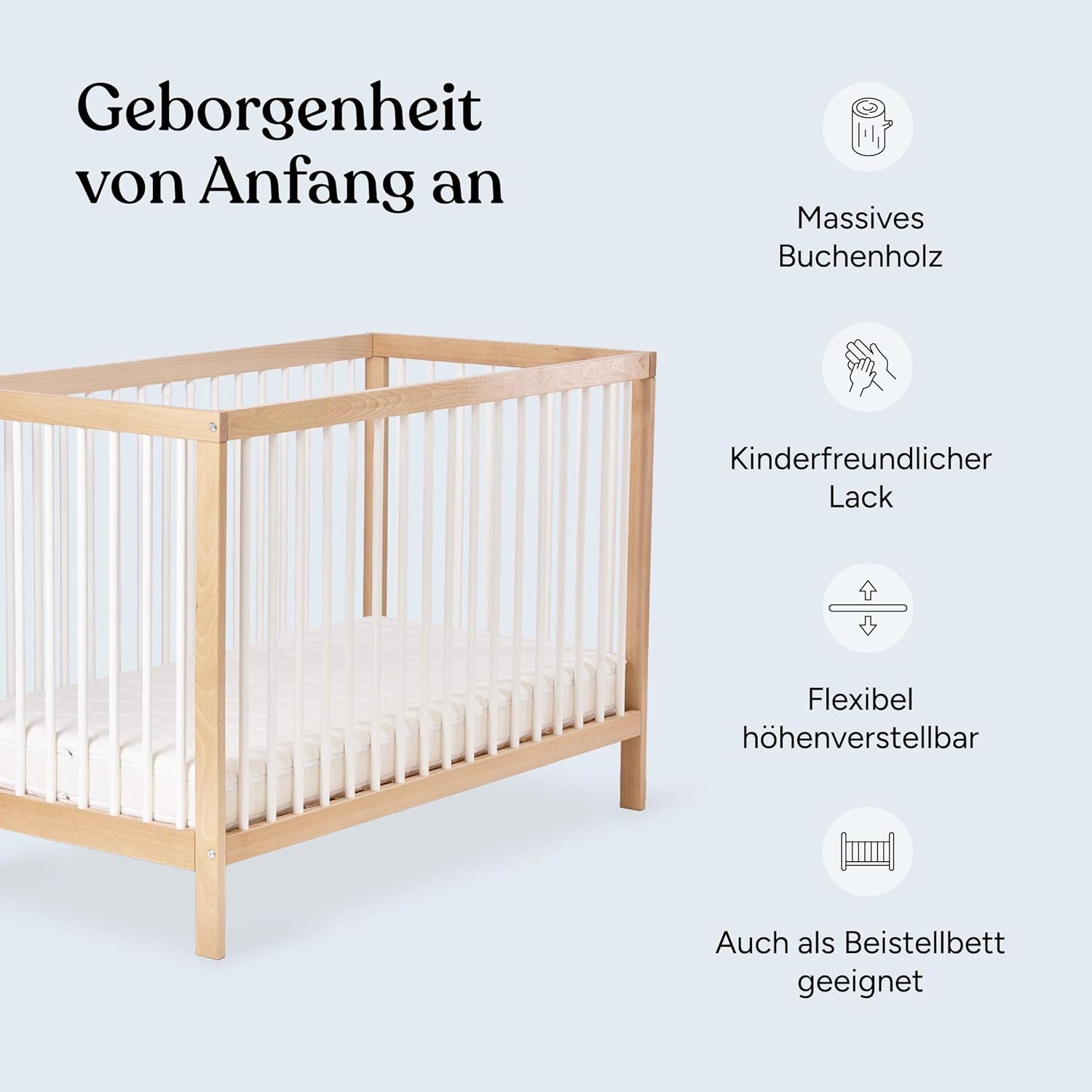 Ehrenkind Babybett PUR aus massivem Buchenholz, flexibel höhenverstellbar, Gitterbett, Kinderbett 9-Fach höhenverstellbar mit entnehmbaren Stangen Baby Bett