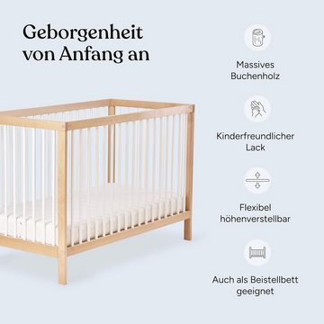 Ehrenkind Babybett PUR aus Buchenholz, Kinderbett 9-Fach höhenverstellbar mit entnehmbaren Stangen Baby Bett