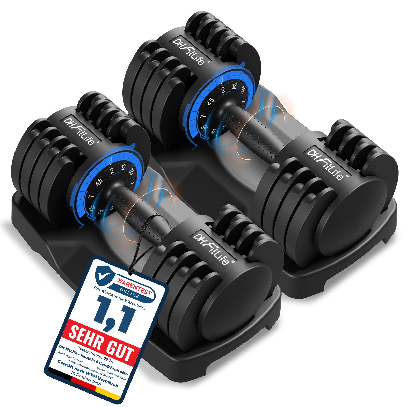 DH FitLife Hantel verstellbare Hanteln, (2 bis 12 KG mit 5 Gewichtsstufen, 2er Set), Kurzhantelset mit platzsparenden Hantelscheiben für Heimtraining