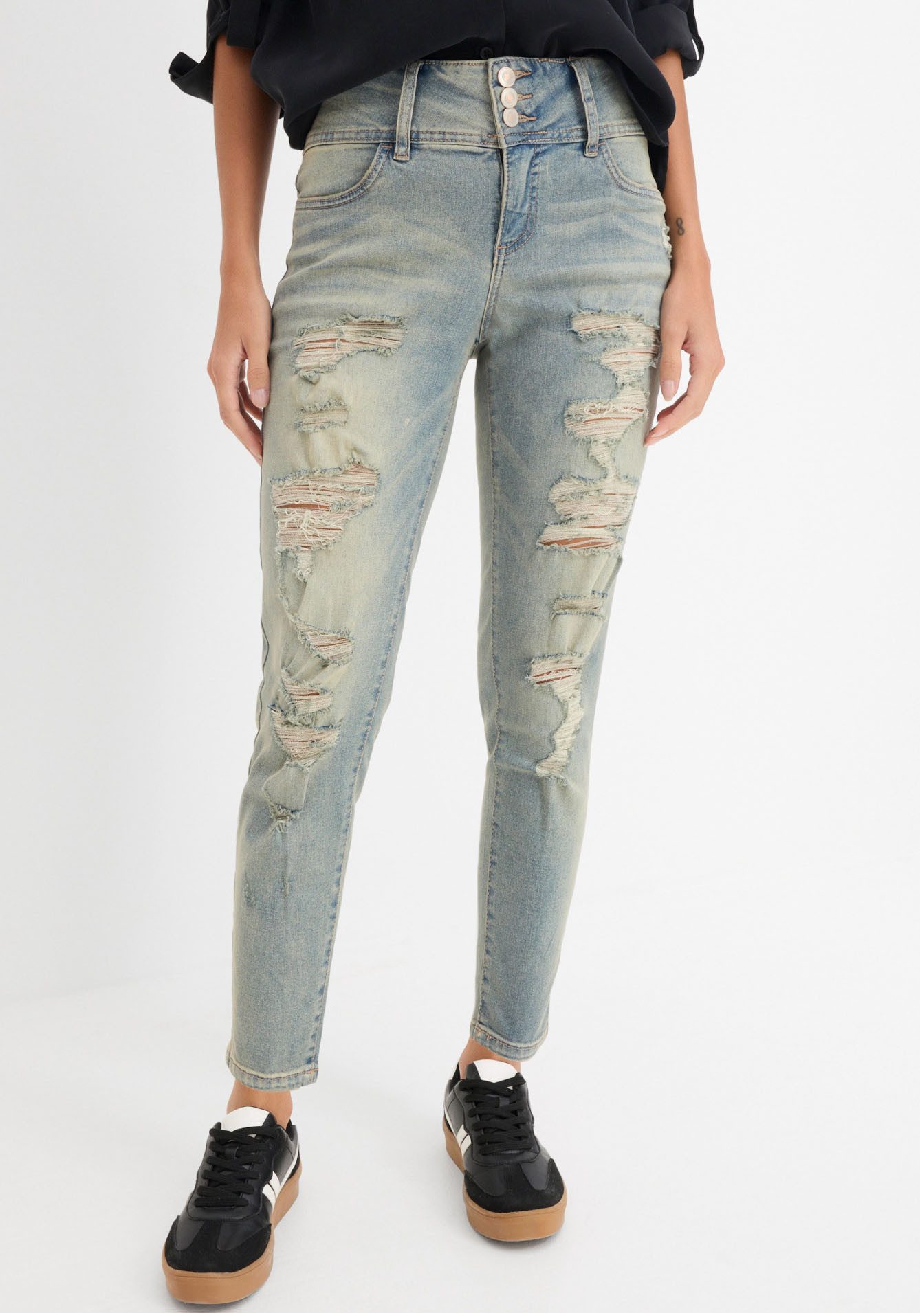 bonprix Skinny-fit-Jeans Skinny-fit, mit breitem High Waist Bund, coole Destroyed Effekte