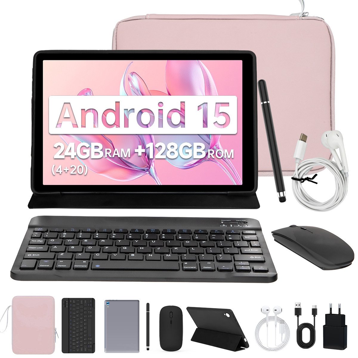 BUFO 10.1 Zoll Android 15, 24(4+20)GB+128GB, 1280x800 HD, incl. Hülle Set Tablet (10", 128 GB, Android, Octa core mit Tastatur, Stift, Maus, Hülle, Kopfhörer, WiFi 6 BT 5)