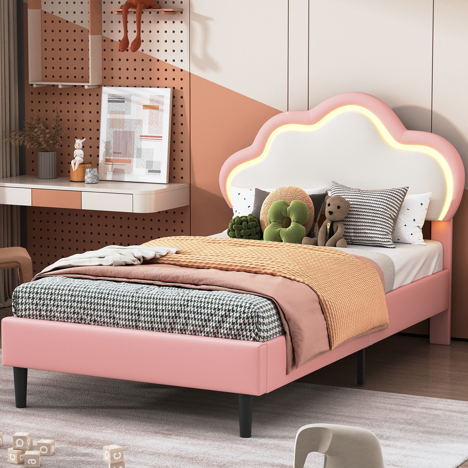 Yelenaro Polsterbett 90x200cm Einzelbett Kinderbett mit LED Licht (Set, 1-tlg., Wolken-Kopfteil), Kunstleder,Weiß-Rosa,ohne Matratze