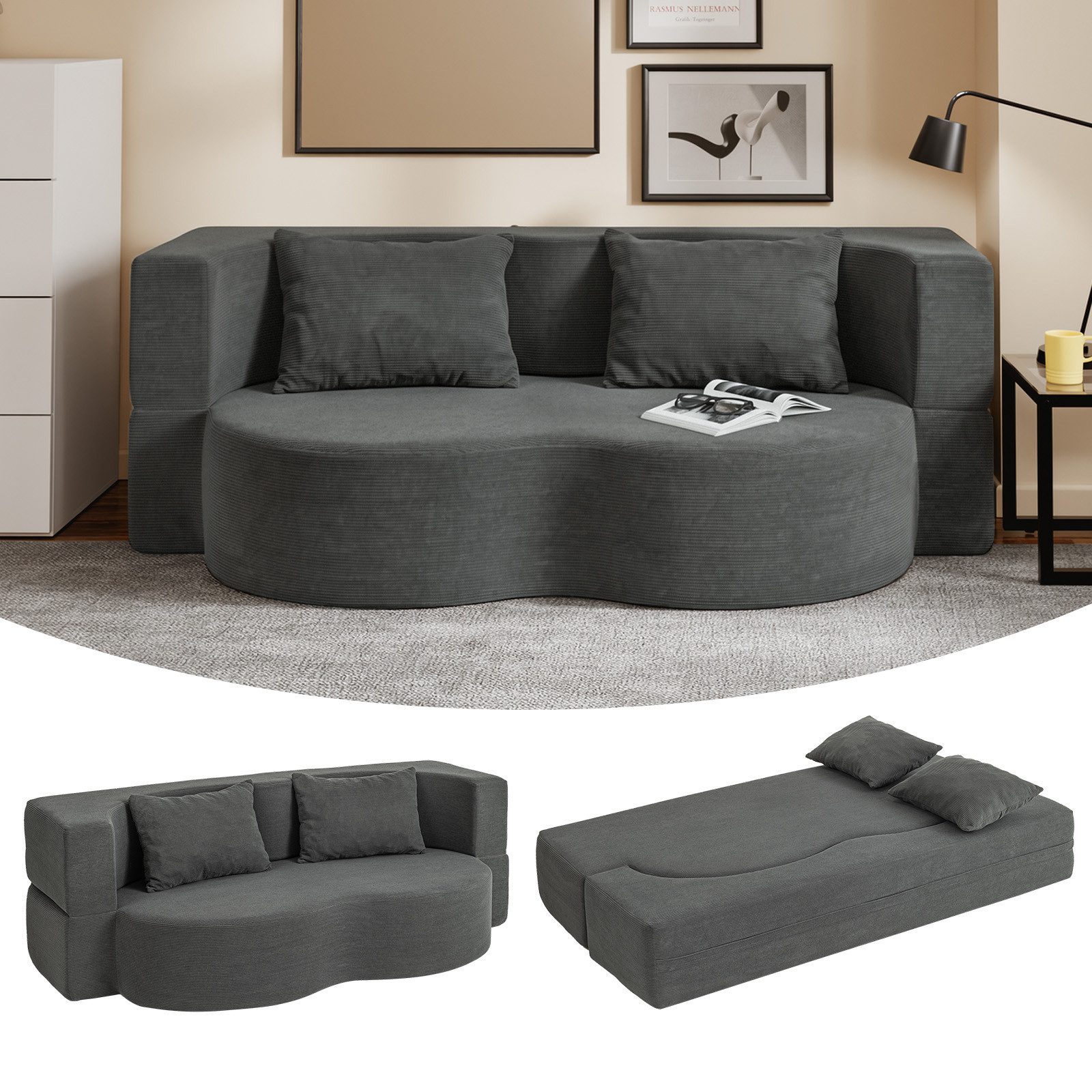 SoBuy Schlafsofa FST101, 2-Sitzer Sofa aus Cord, Klappsofa Gästebett mit 2 Kissen, Bodensofa mit Schlaffunktion für Wohnzimmer Schlafzimmer Gästezimmer
