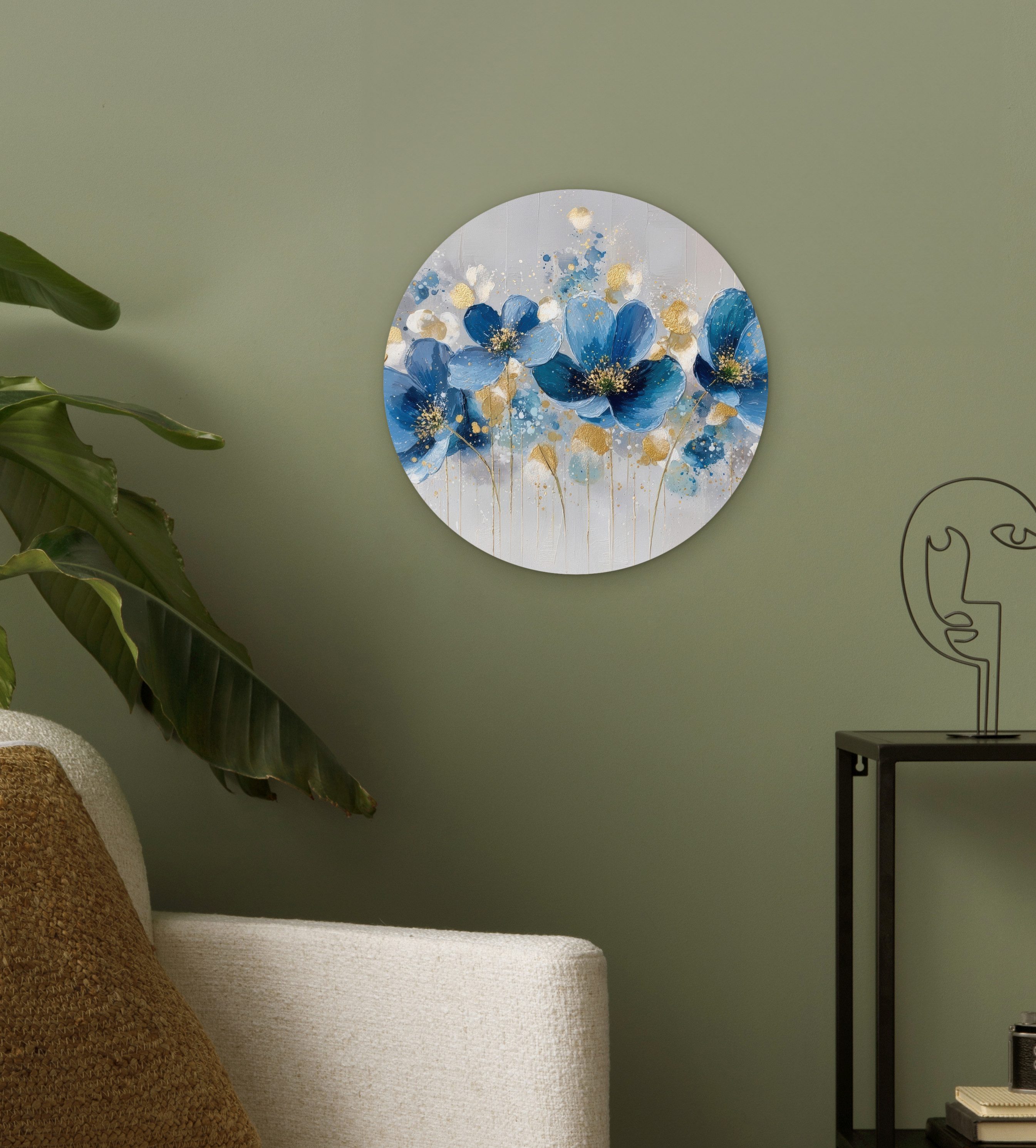 MuchoWow Gemälde Blumen - Blau - Abstrakt, Fotodruck (1 St), Kreis Wanddekoration, Rundes Wandbild, 30x30 cm