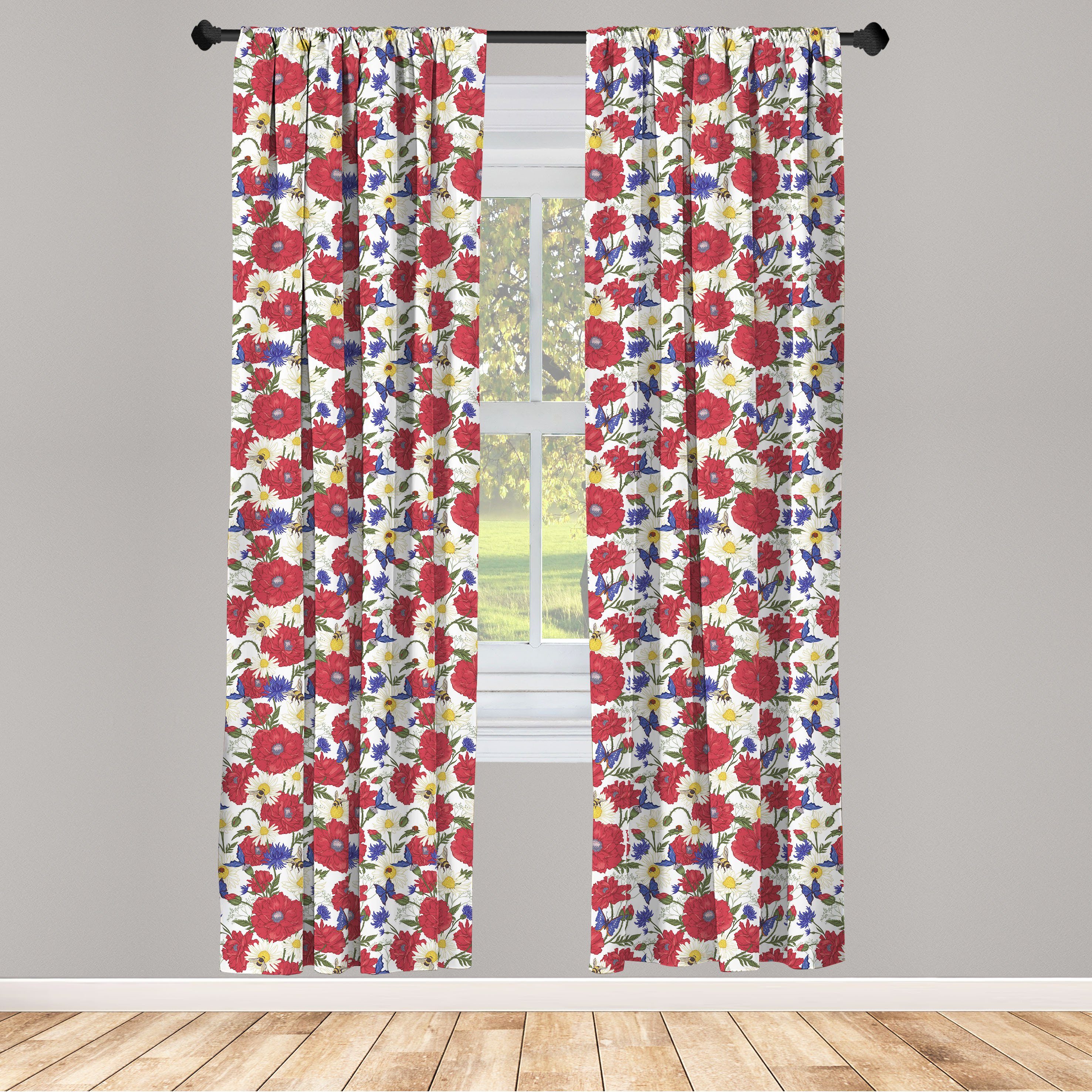 Gardine Vorhang für Wohnzimmer Schlafzimmer Dekor, Abakuhaus, Microfaser, Blumen Blooming Rote Mohnblumen