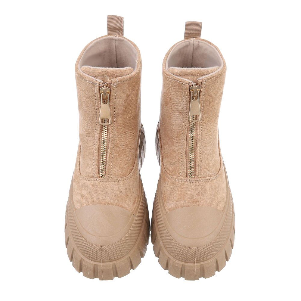 Ital-Design Damen Freizeit Plateaustiefelette Flach Plateaustiefeletten in Hellbraun
