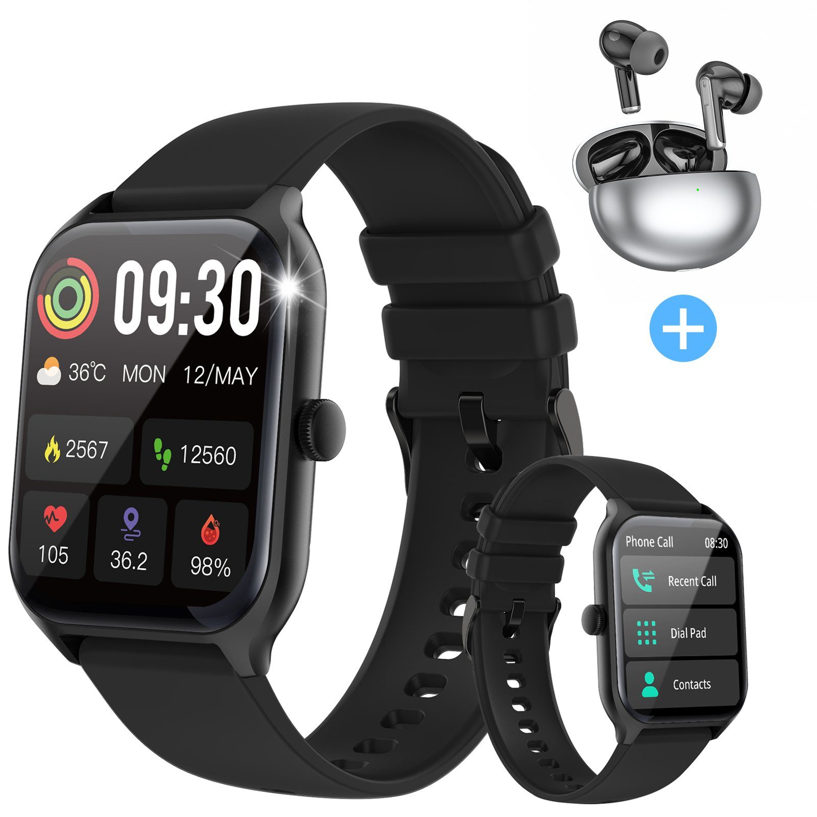 Yuede Smartwatch,Neueste 1,96-Zoll-Fitness-Smartwatch für Damen Herren Smartwatch (Bluetooth 5.2 Anruffunktion, Uhr mit Schrittzähler, Pulsuhr, Blutdruckmessung und Sauerstofffunktion( SpO2) , Zoll) Bluetooth 5.3 Kopfhörer mit Duale Rauschunterdrückung(Anc+Enc) Combo, IP67 Wasserdichte Sportuhr mit 100 Trainingsmodi, 7 Tage Akkulaufzeit, für Android IOS