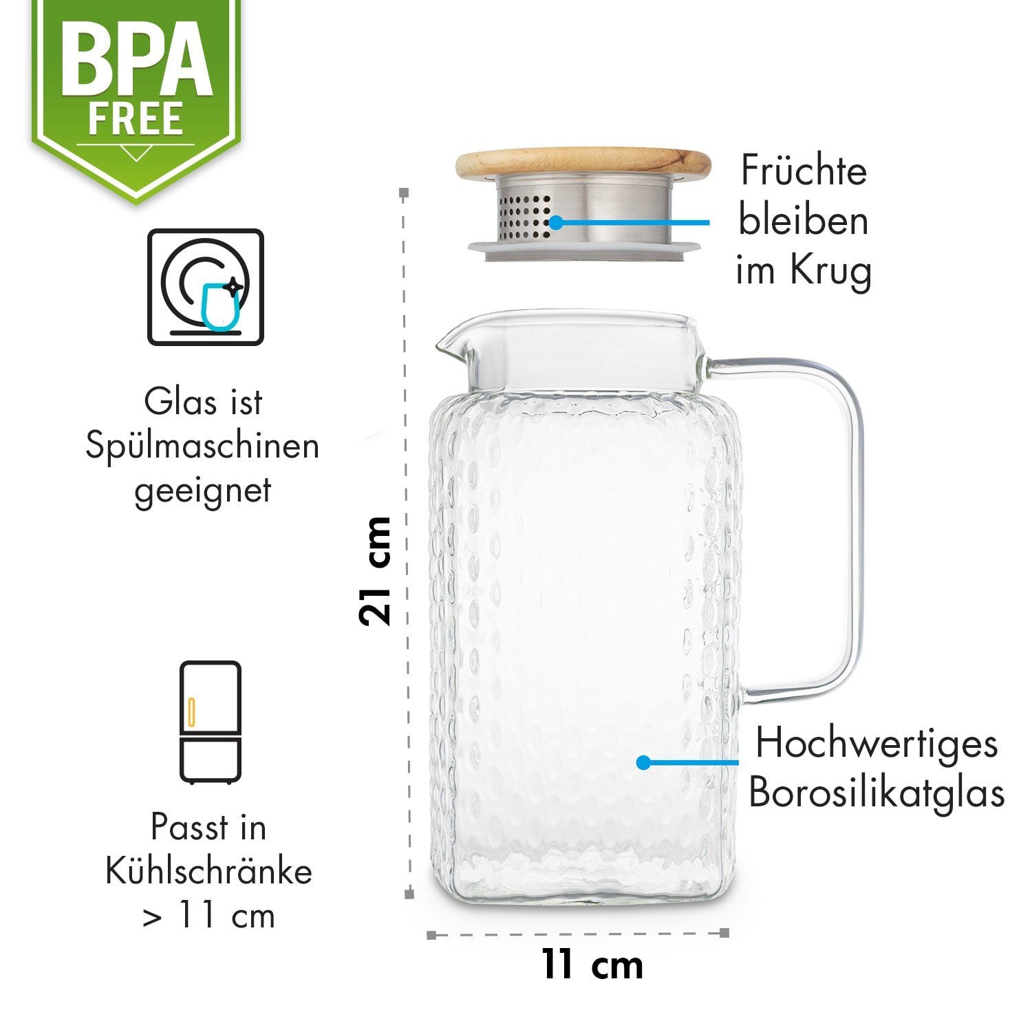 Klarstein Liter, Glaswerk 1,5 Livenza Wasserkrug Frischhaltedose Borosilikatglas