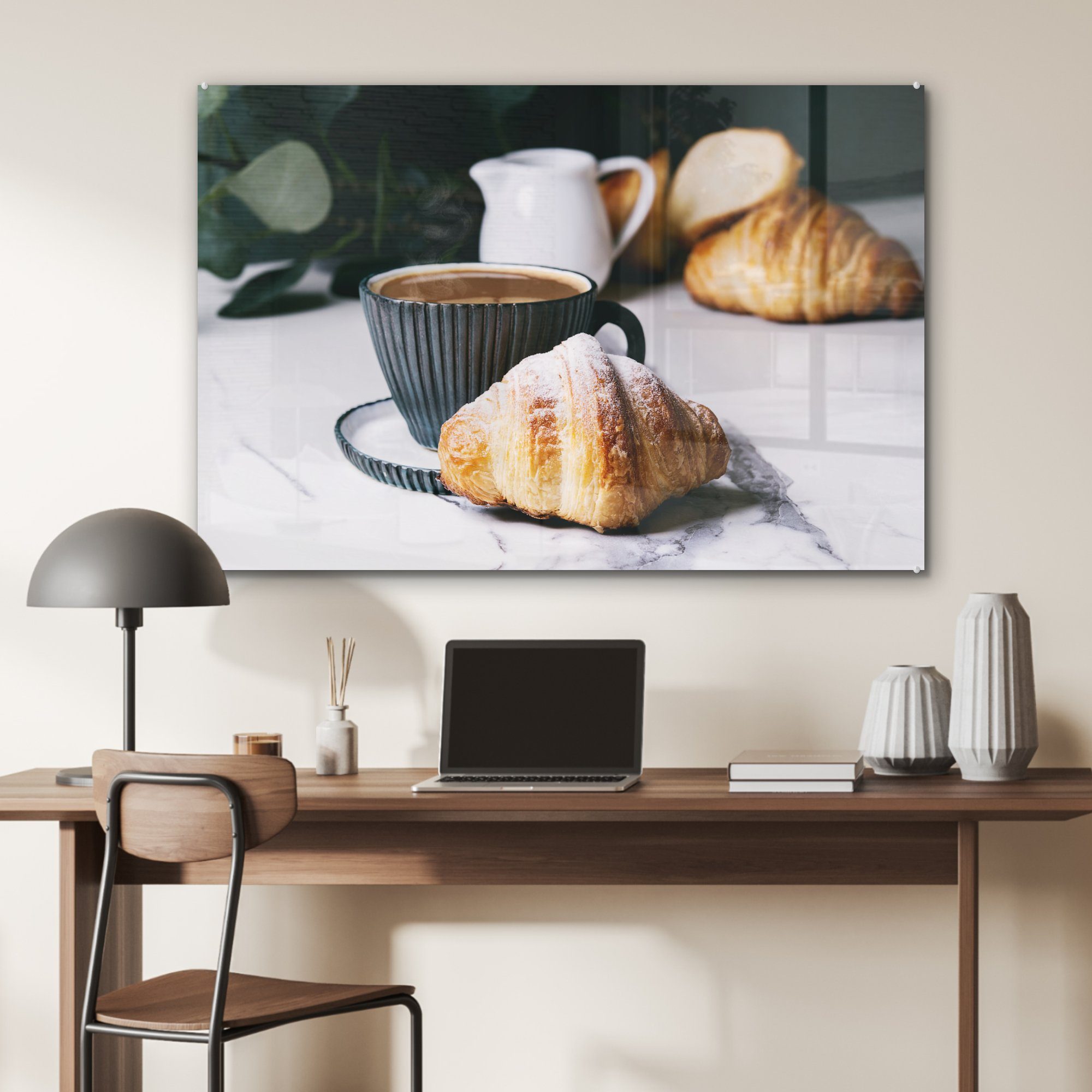 Acrylglasbild mit Schlafzimmer Kaffee, St), Wohnzimmer einer (1 Tasse & MuchoWow Acrylglasbilder Croissant