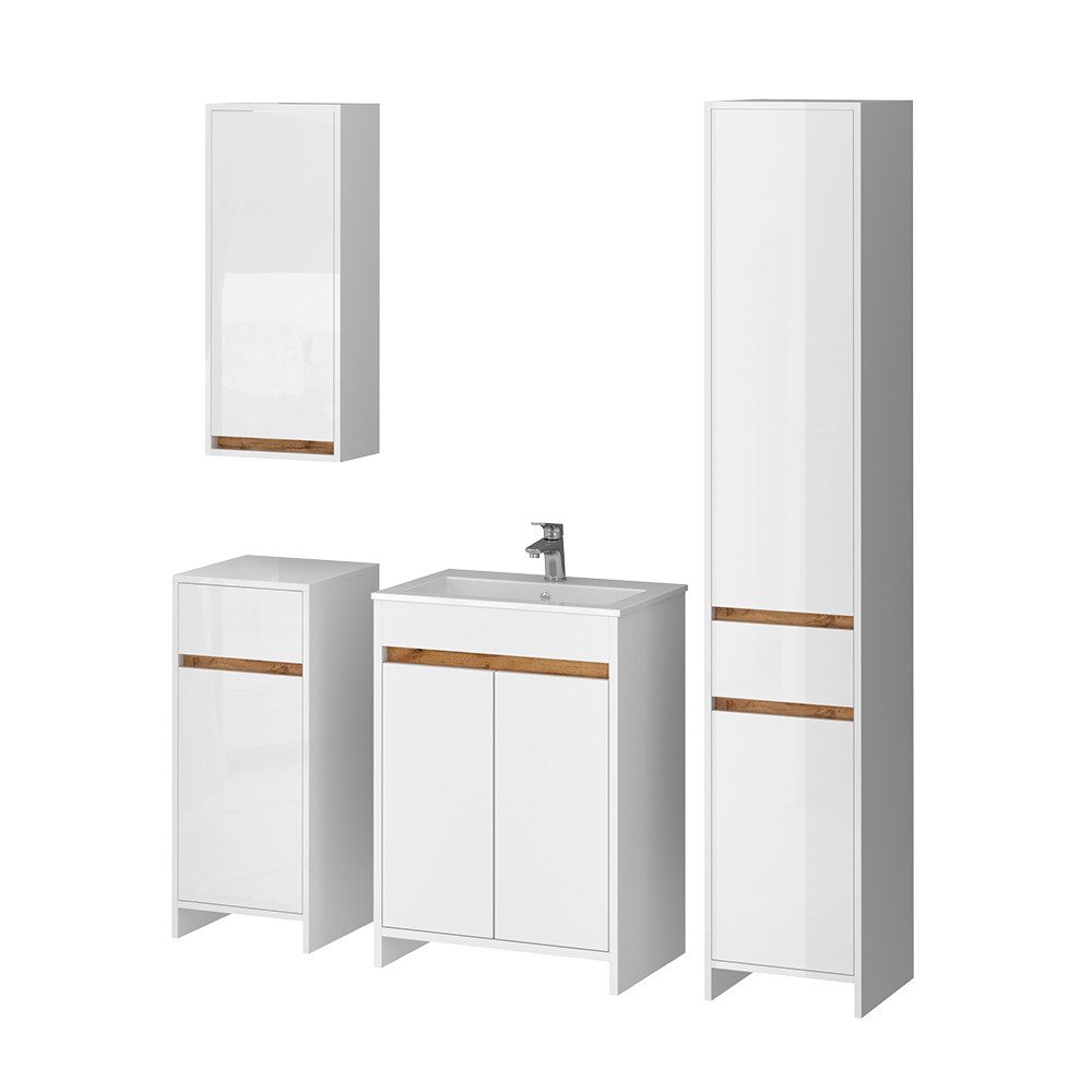 Vicco Badmöbel-Set Lemgo, Weiß Hochglanz/Goldkraft Eiche, günstig online kaufen