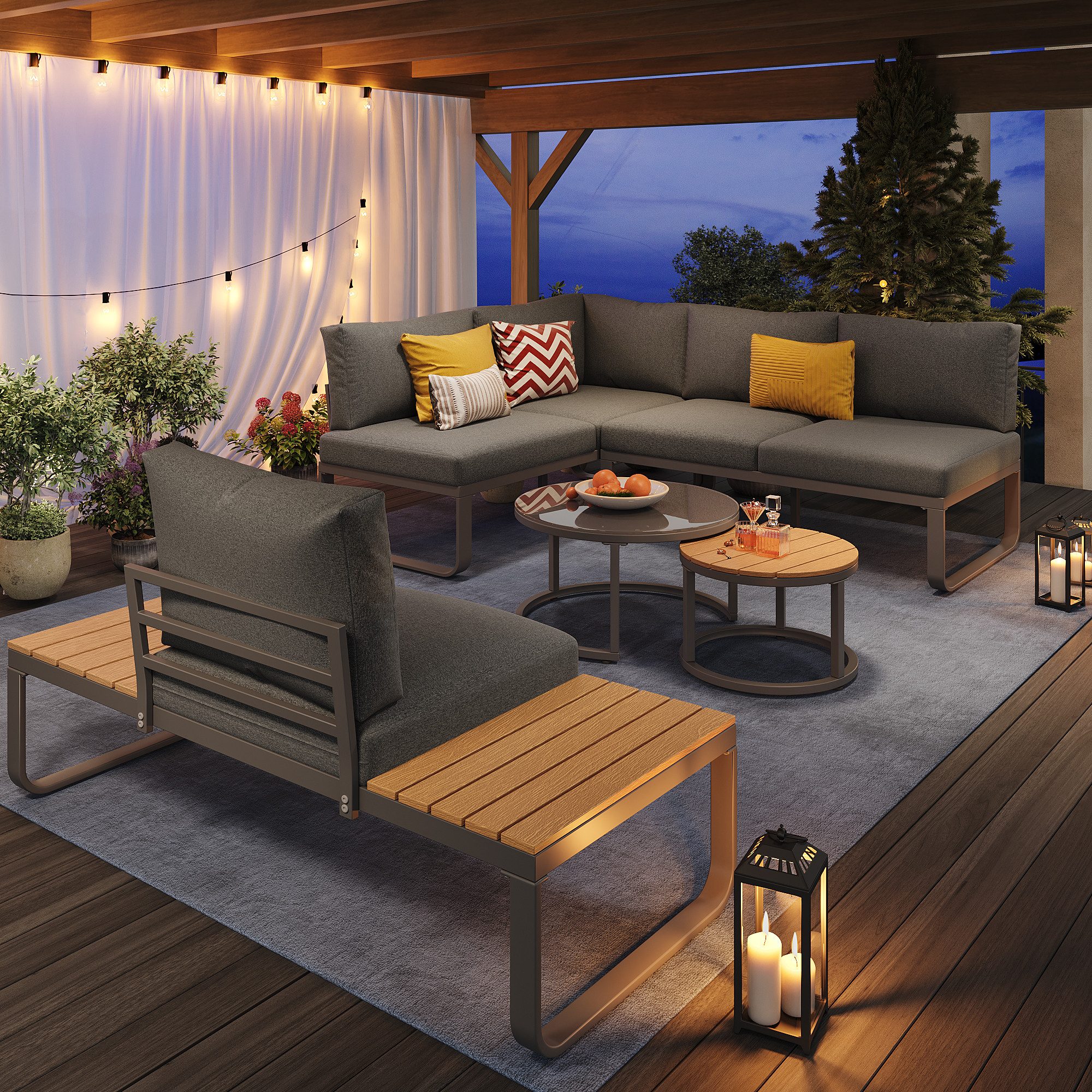 Flieks Gartenlounge-Set, 5-Sitzer Gartenmöbel, Einzelsofa mit Tischplatte, Couchtisch stapelbar