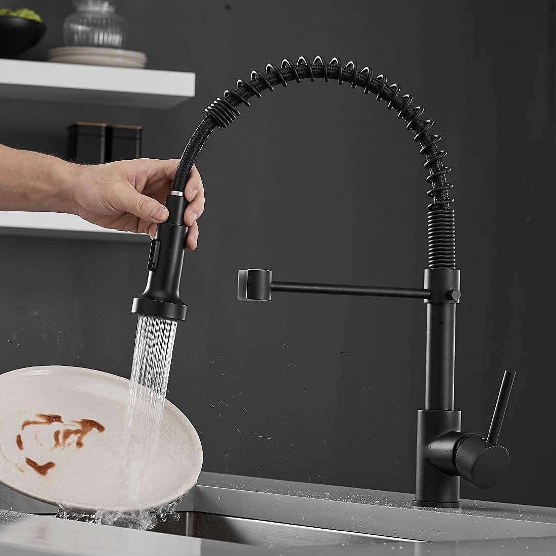 küchenarmatur schwarz Einhandmischer ausziehbar mit Brause hoch Küche Wasserhahn 