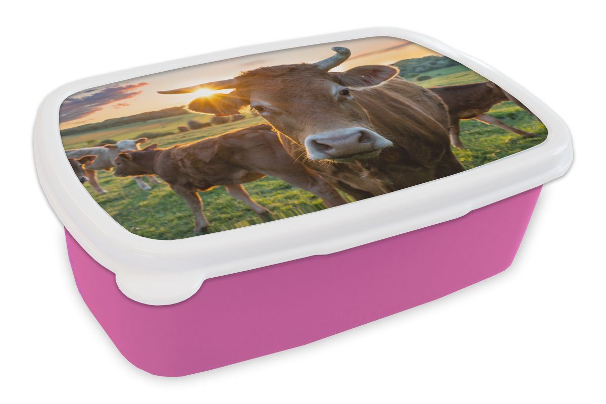 MuchoWow Lunchbox für Kunststoff, Sonne Brotbox Kinder, Brotdose Landleben, (2-tlg), rosa Mädchen, Kunststoff - - Kühe Erwachsene, - Snackbox, Wiese