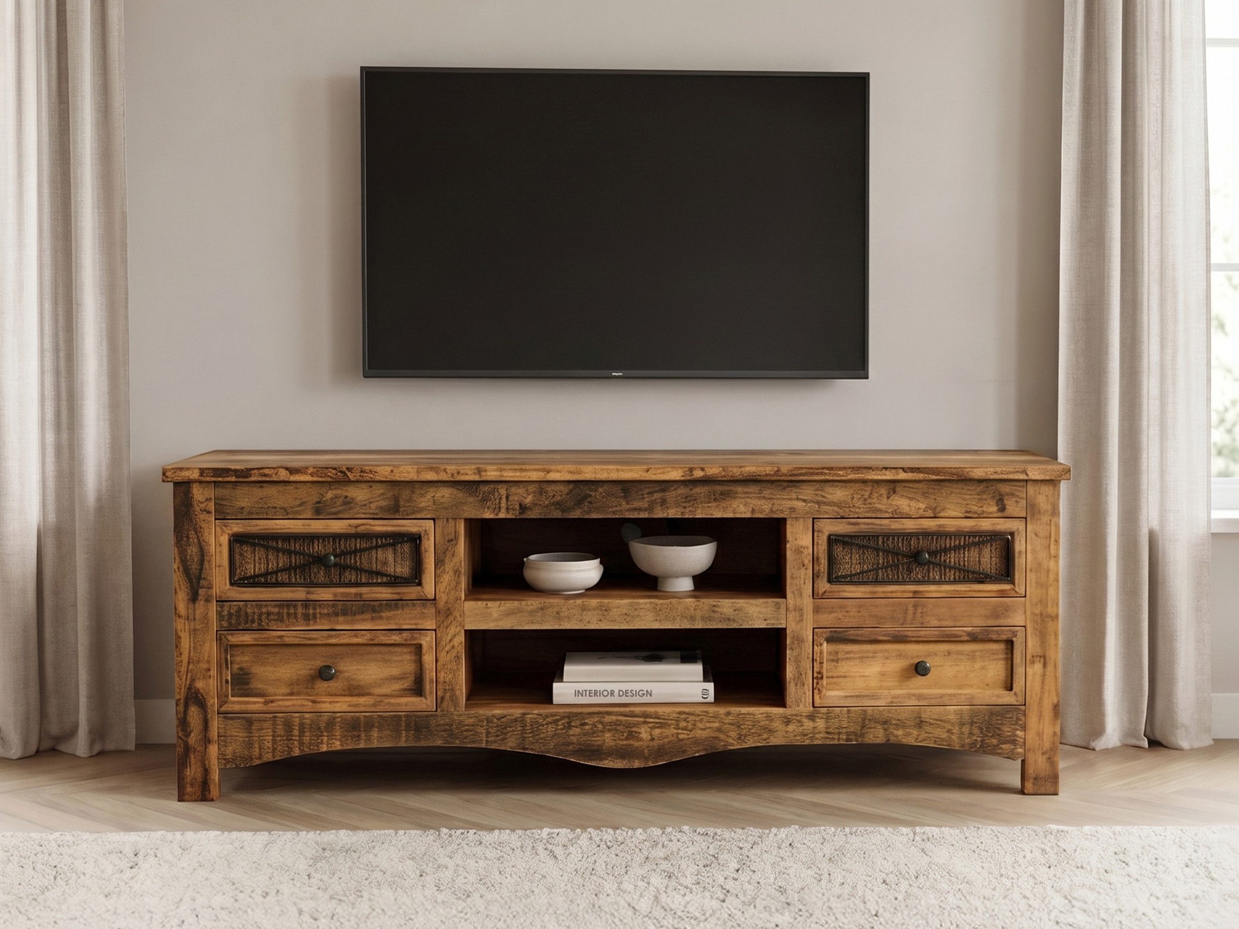 Massivart® Lowboard 140 cm Breite TV-Board Akazie massiv lackiert »ACANO«, Massivholz · montiert · 4 Schubladen · 2 offene Fächer