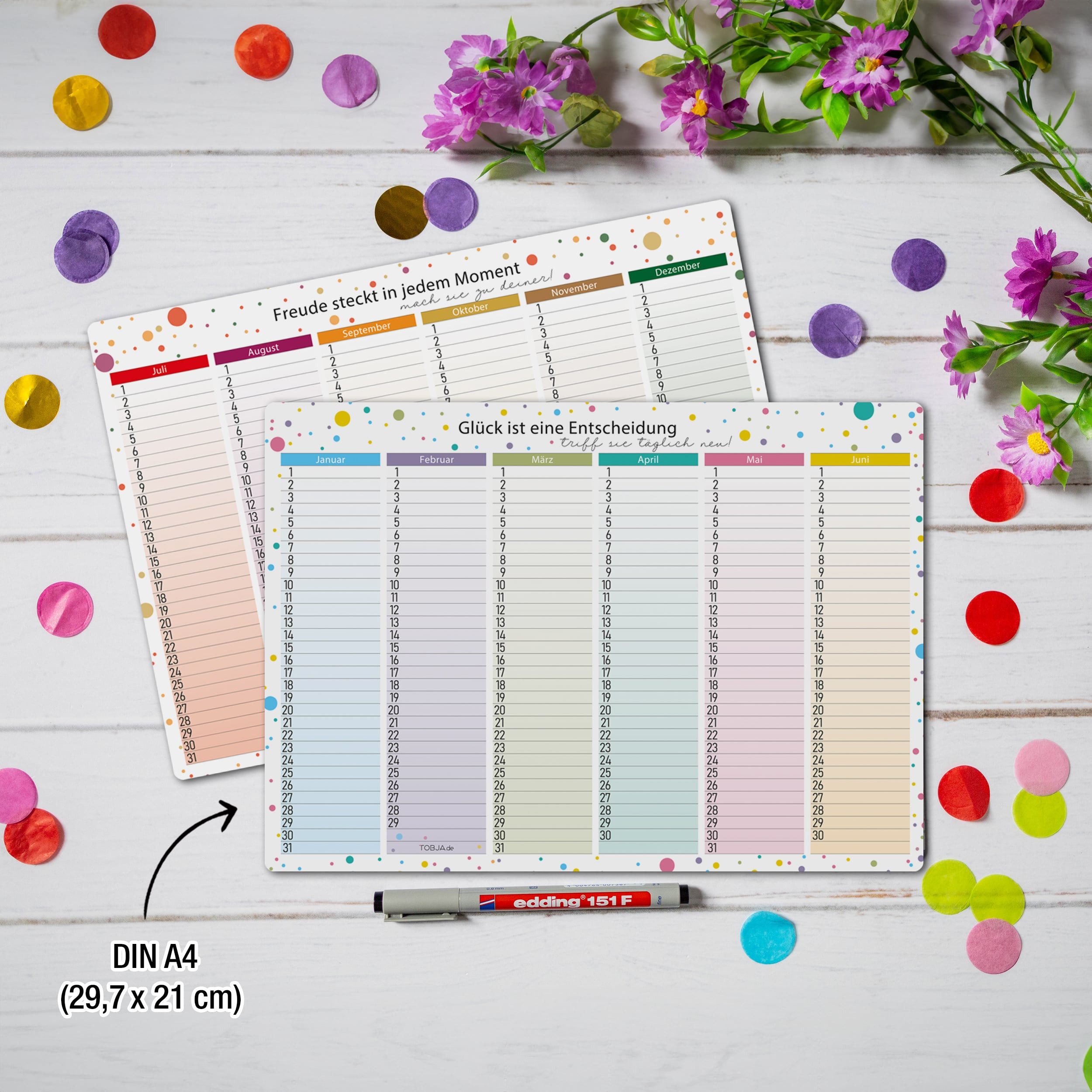 TOBJA Geburtstagskalender 2x A4 Immerwährender Kalender magnetisch abwischbar inkl. Stift, Jahresunabhängig Geburtstagskalender wiederverwendbar +edding