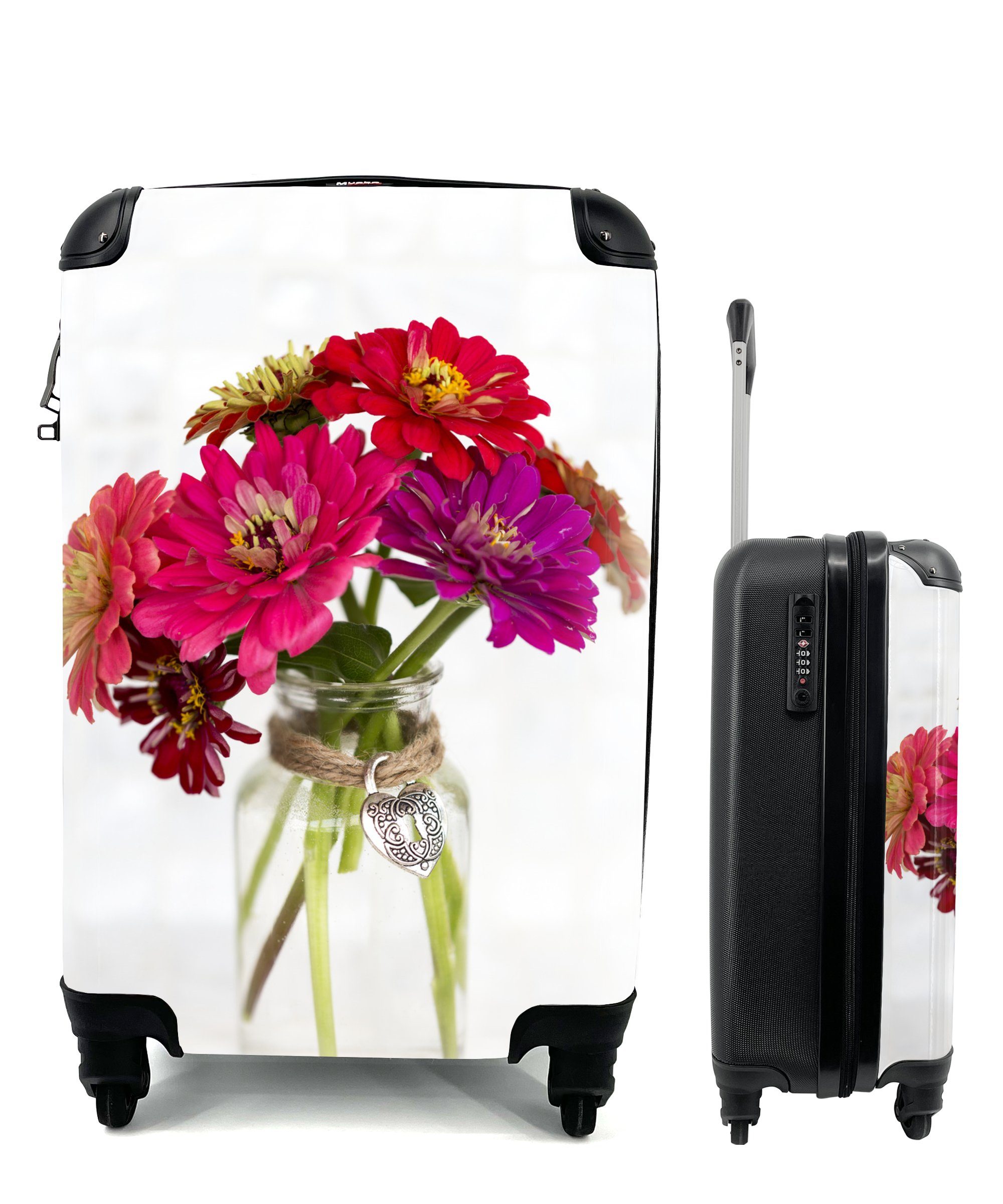 MuchoWow bunten Ferien, Trolley, rollen, Zinnienpflanzen, mit voll Reisekoffer Handgepäckkoffer 4 Vase Rollen, mit für Handgepäck Reisetasche