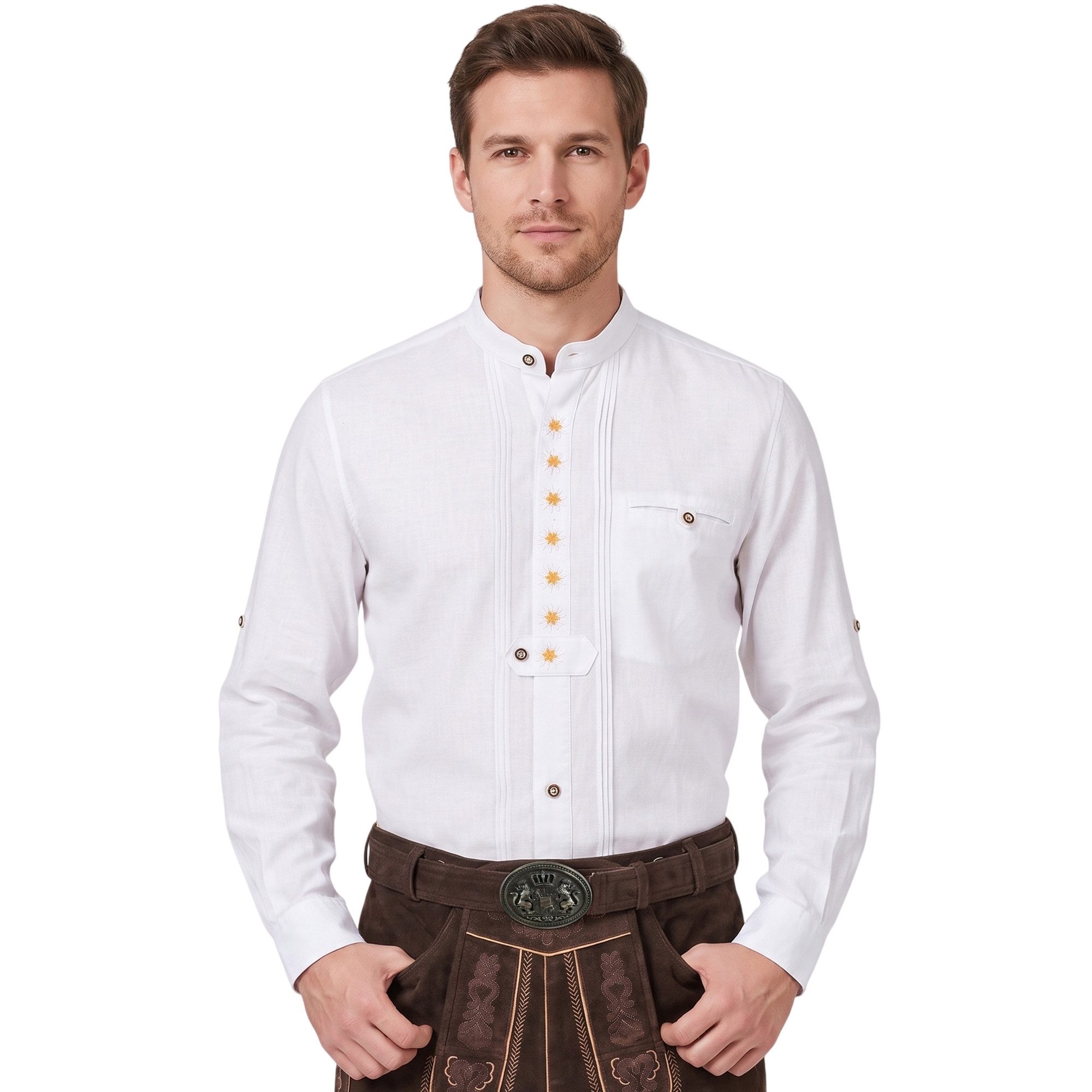 German Wear Trachtenhemd GW1253 Trachtenhemd Edelweiß bestickt Stehkragen Biesen Krempelärmel