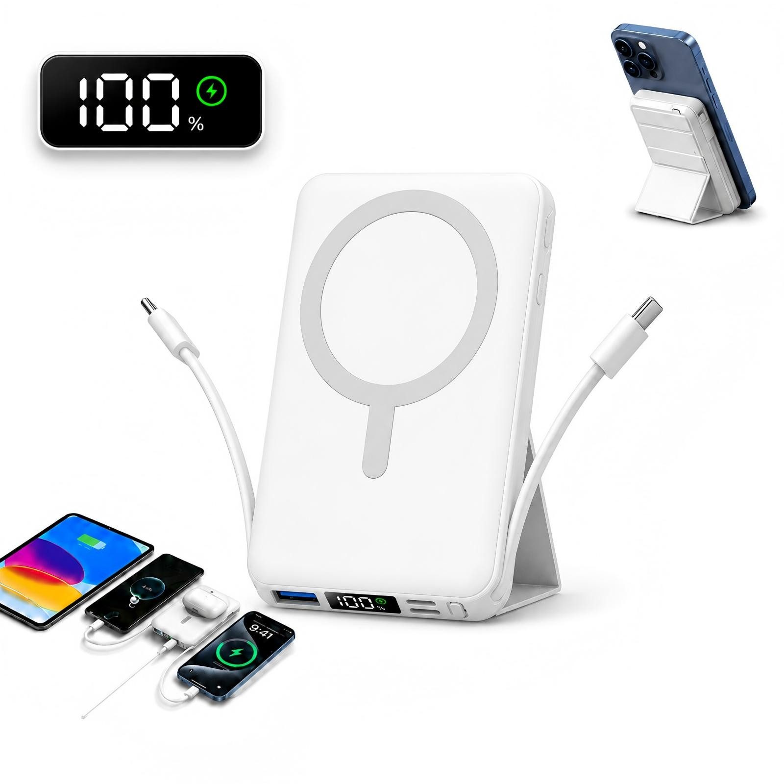 AIBISTAR 10000mAh Magnetisch MagSafe Powerbank mit 2 Kabel Klappständer LED Powerbank Magnet-Powerbank 10000 mAh, Magnetisches Wireless Charging,Kompatibel mit iPhone 12-17